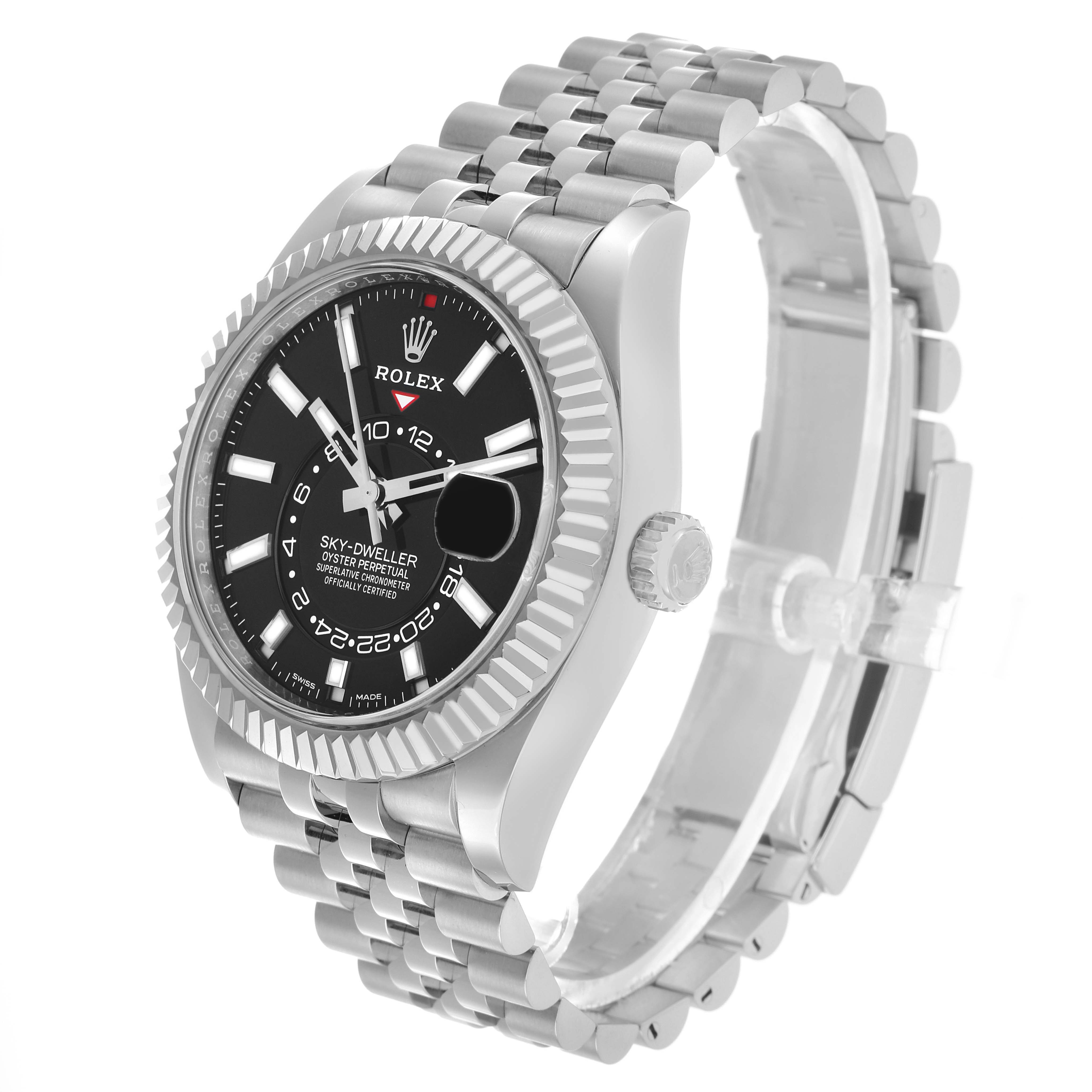 The Rolex Sky-Dweller 326934 Men's Stainless Steel Black Dial watch is shown at a three-quarter angle, highlighting the dial, bezel, and bracelet.