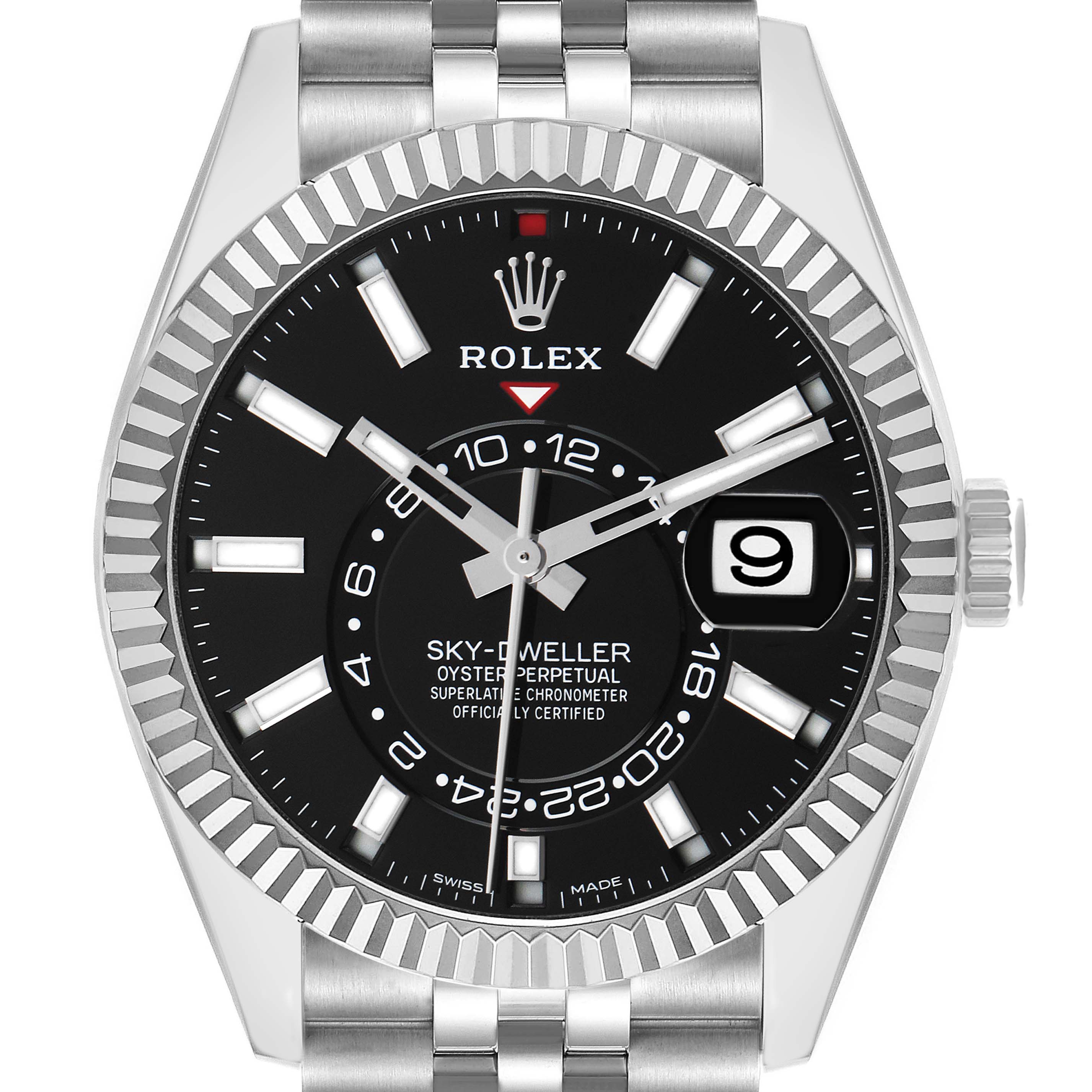 The Rolex Sky-Dweller 326934 Men's Stainless Steel Black Dial watch is shown from the front, highlighting its black dial, date window, fluted bezel, and bracelet links.