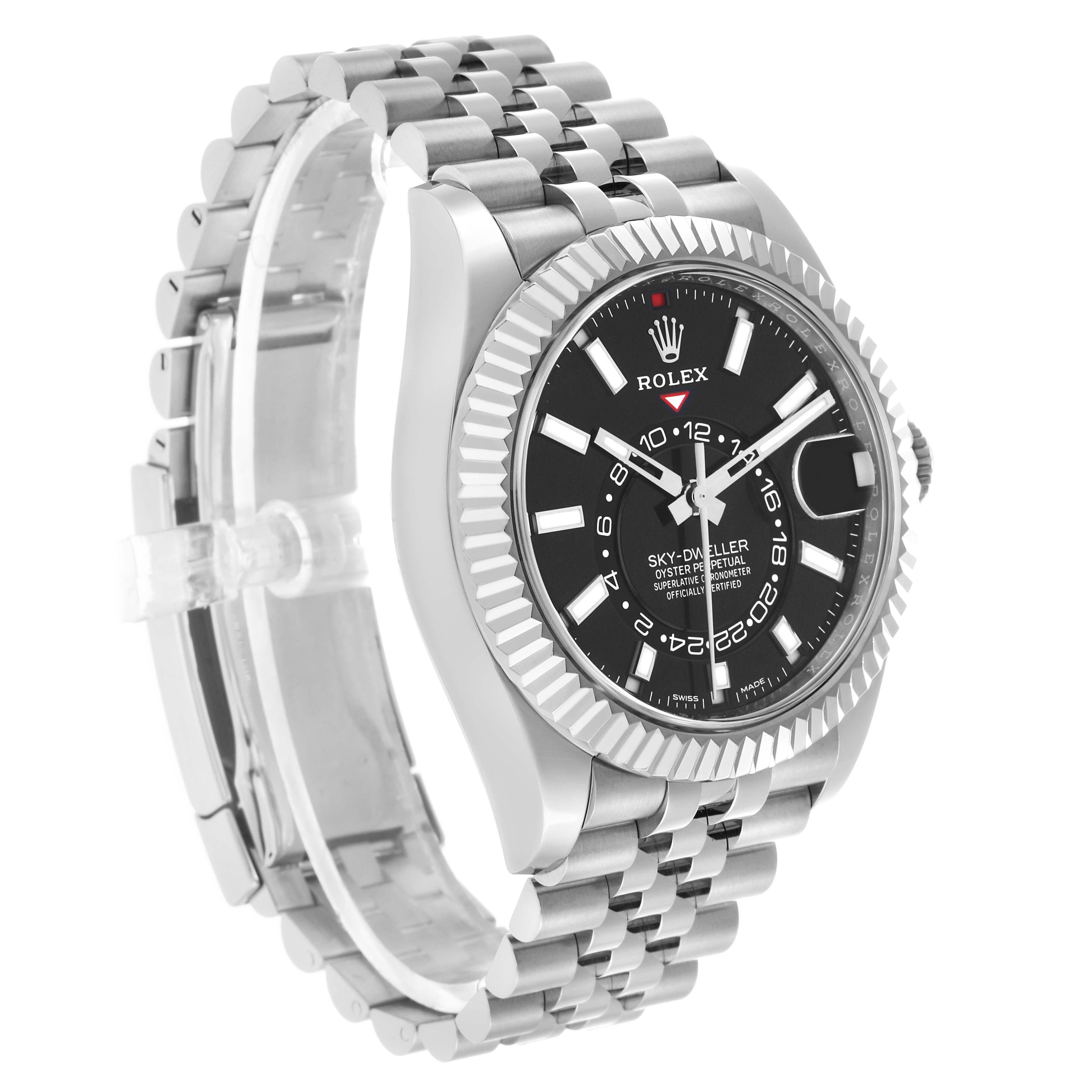 The Rolex Sky-Dweller 326934 Men's Stainless Steel Black Dial watch is shown from the front-left angle, highlighting the bezel, dial, and bracelet.