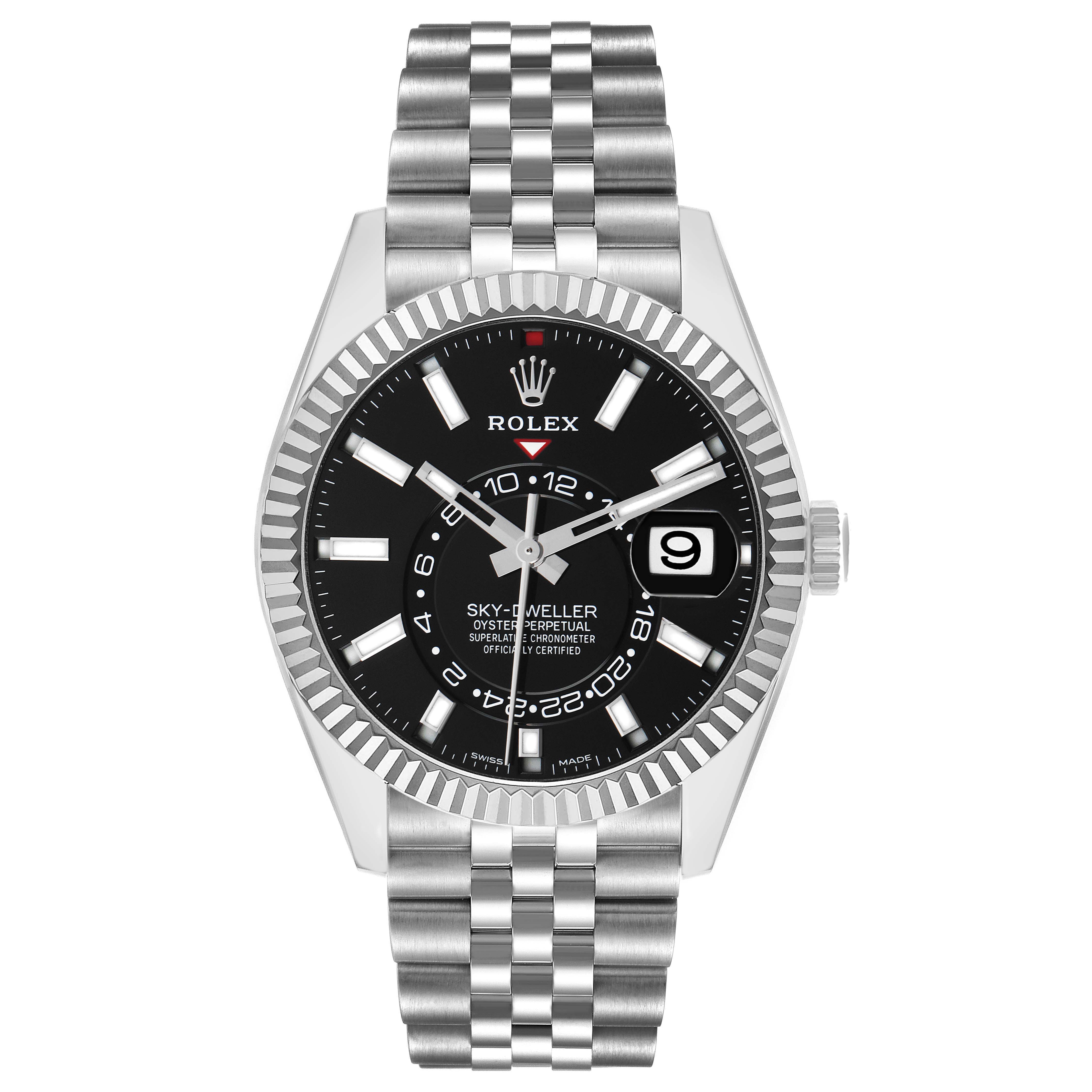 The Rolex Sky-Dweller 326934 Men's Stainless Steel Black Dial watch is shown from a front angle, displaying its dial, bezel, hands, and bracelet.