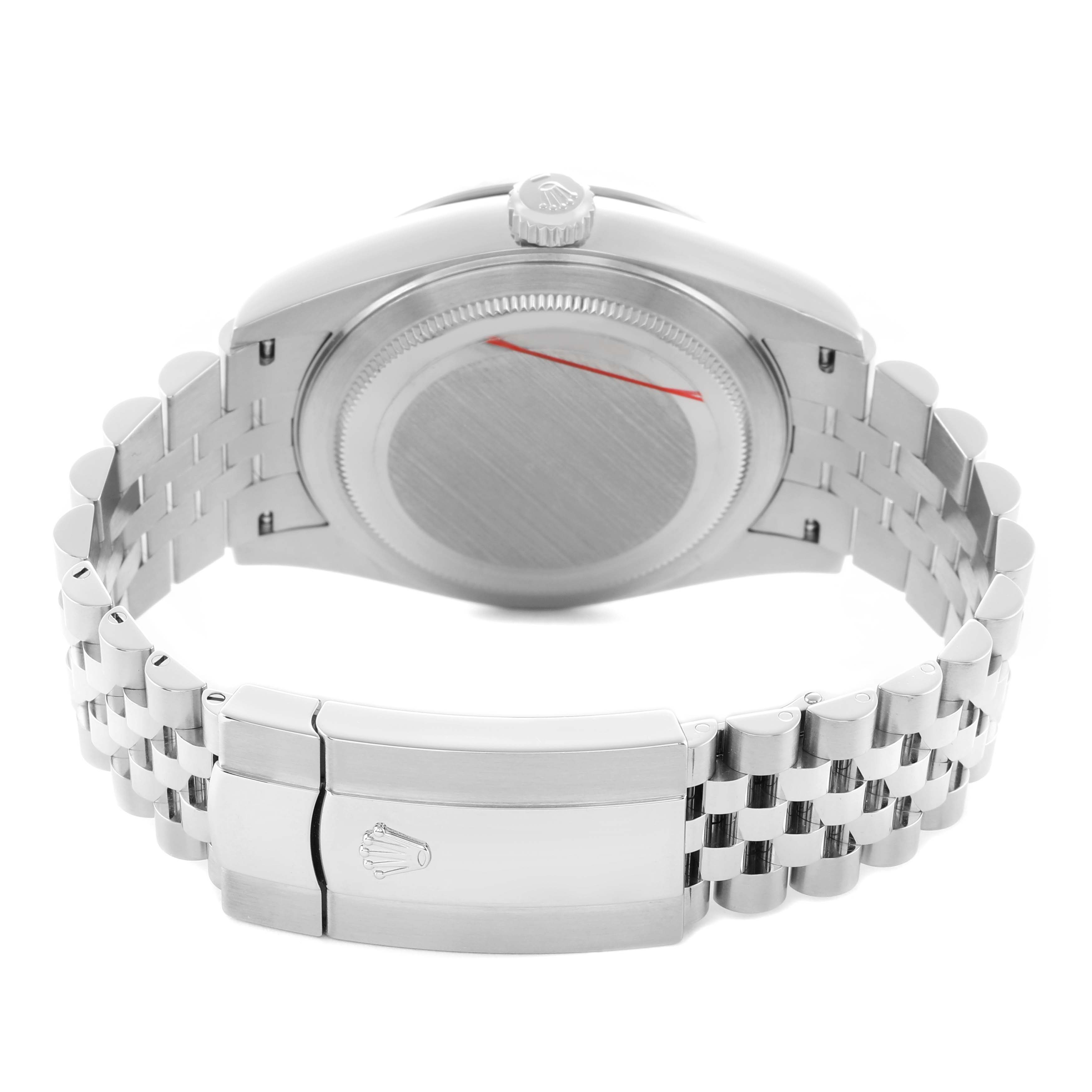 The Rolex Sky-Dweller 326934 Men's Stainless Steel Black Dial is shown from the back, highlighting the case back, crown, and the bracelet with a visible clasp.