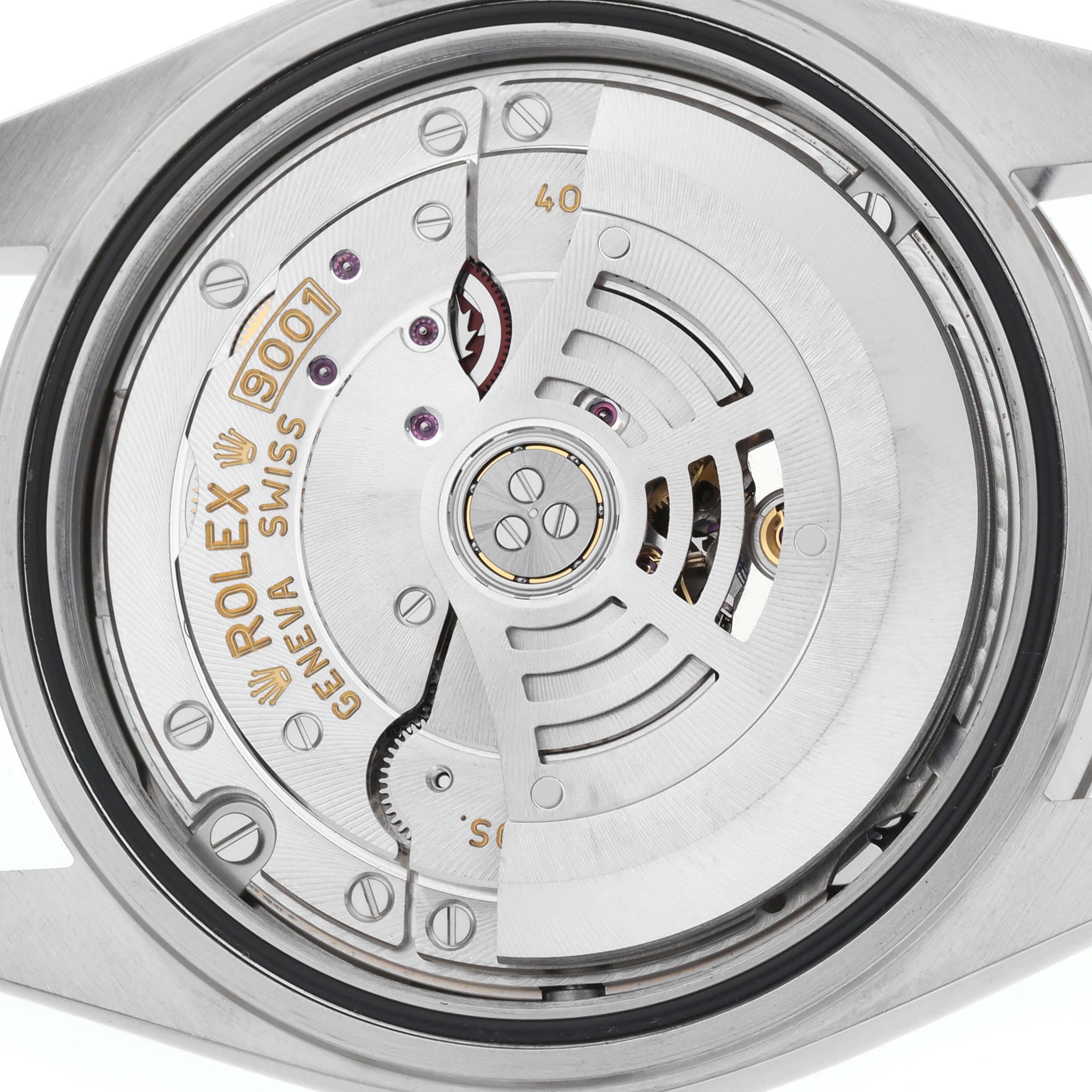The image shows the movement of the Rolex Sky-Dweller 326934 Men's Stainless Steel Black Dial watch from a back angle, featuring its intricate mechanical components.