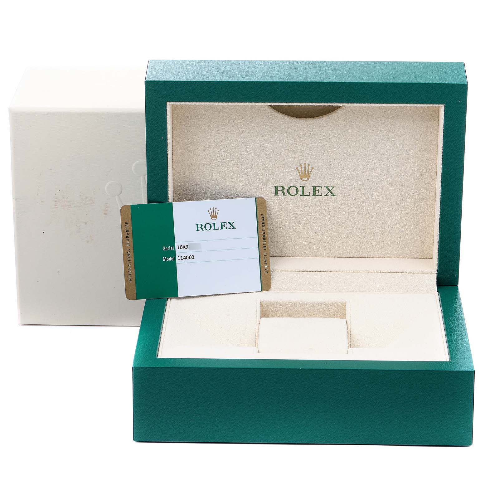 This image shows an open Rolex Submariner 114060 Men
s Stainless Steel Black Dial 114060 Men
s Stainless Steel Black Dial watch box and a warranty card displayed from a frontal angle.