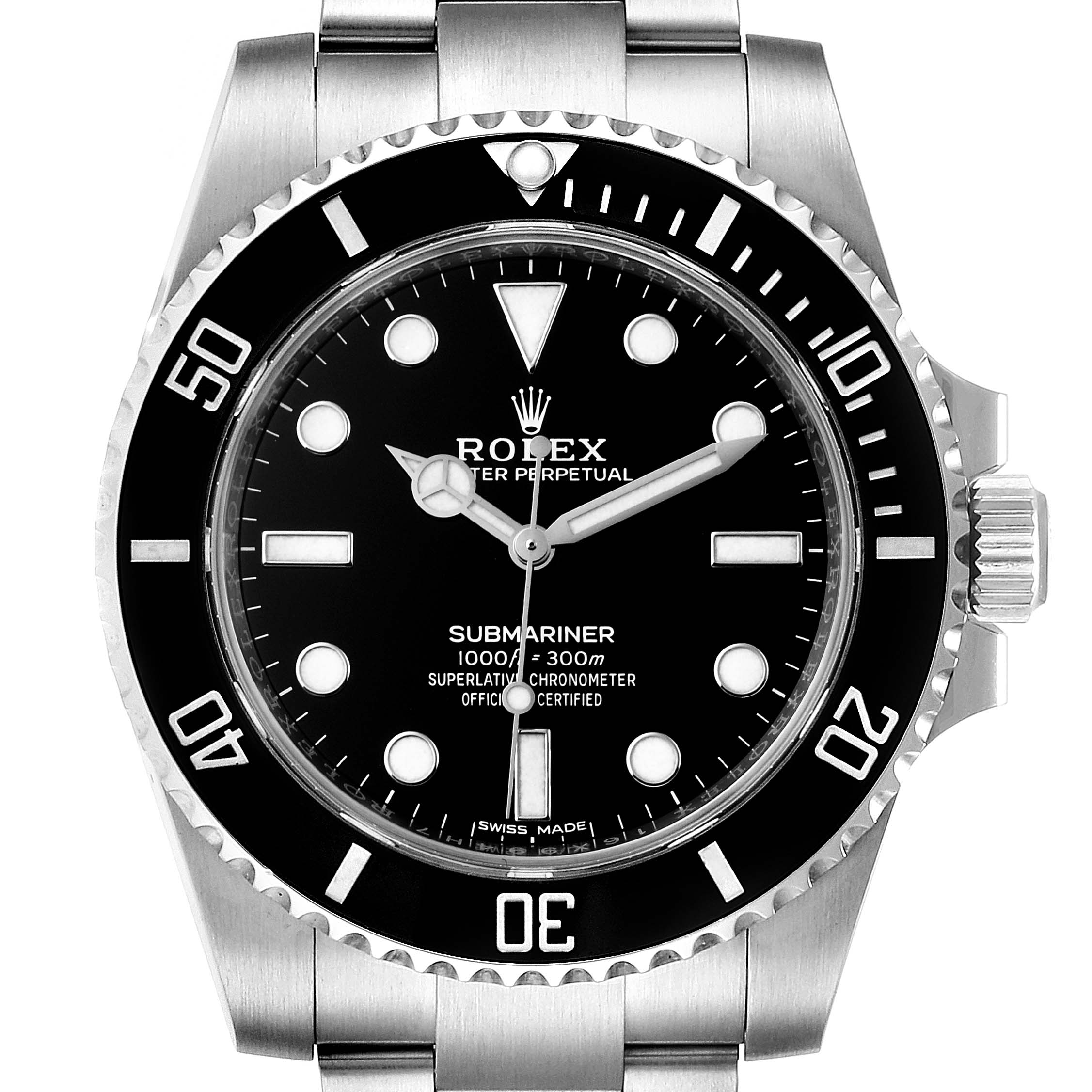 This image shows a front view of the Rolex Submariner 114060 Men
s Stainless Steel Black Dial 114060 Men
s Stainless Steel Black Dial watch, displaying its dial, bezel, and part of the stainless steel bracelet.