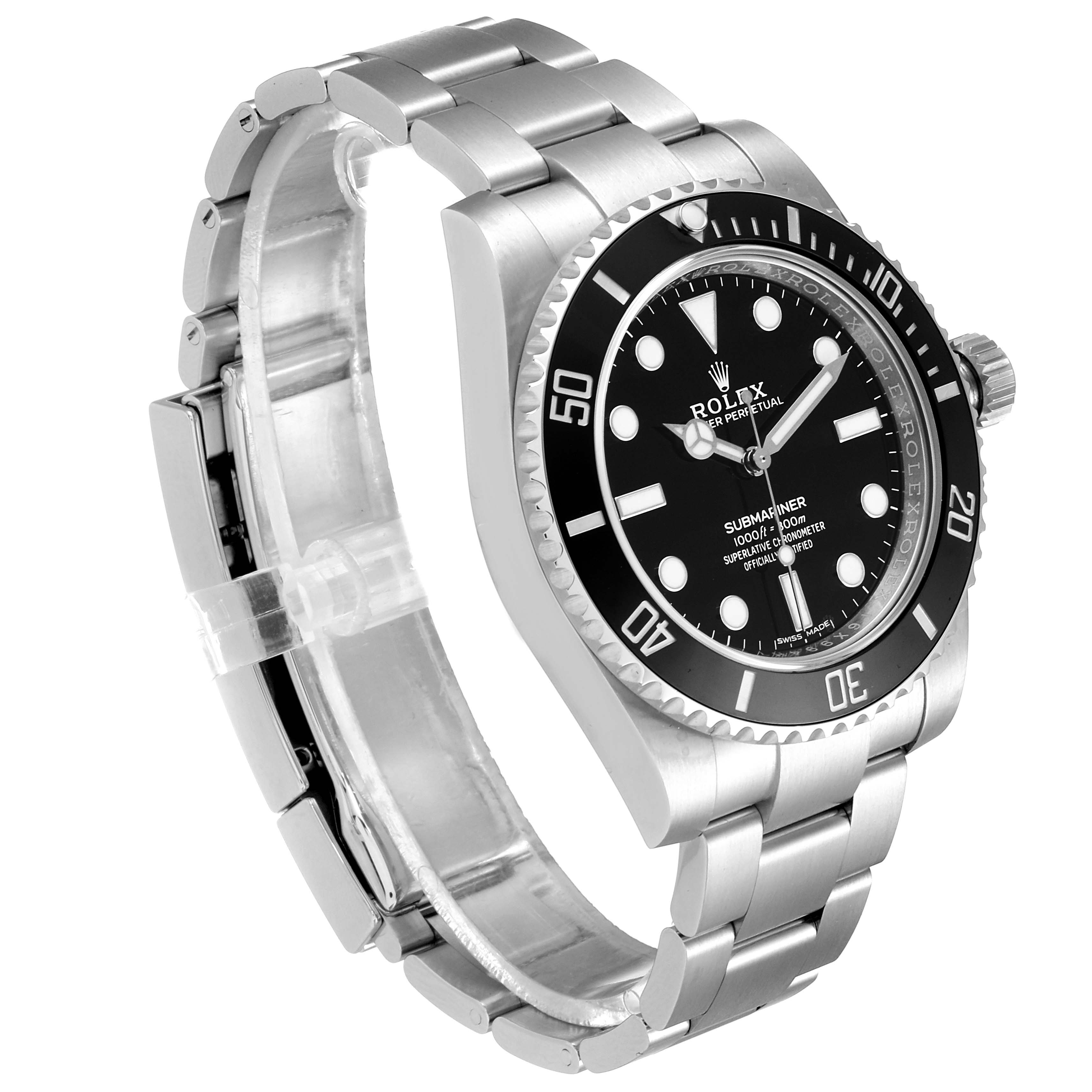 The image shows a side-angle view of the Rolex Submariner 114060 Men
s Stainless Steel Black Dial 114060 Men
s Stainless Steel Black Dial watch, highlighting its bezel, dial, crown, and bracelet.
