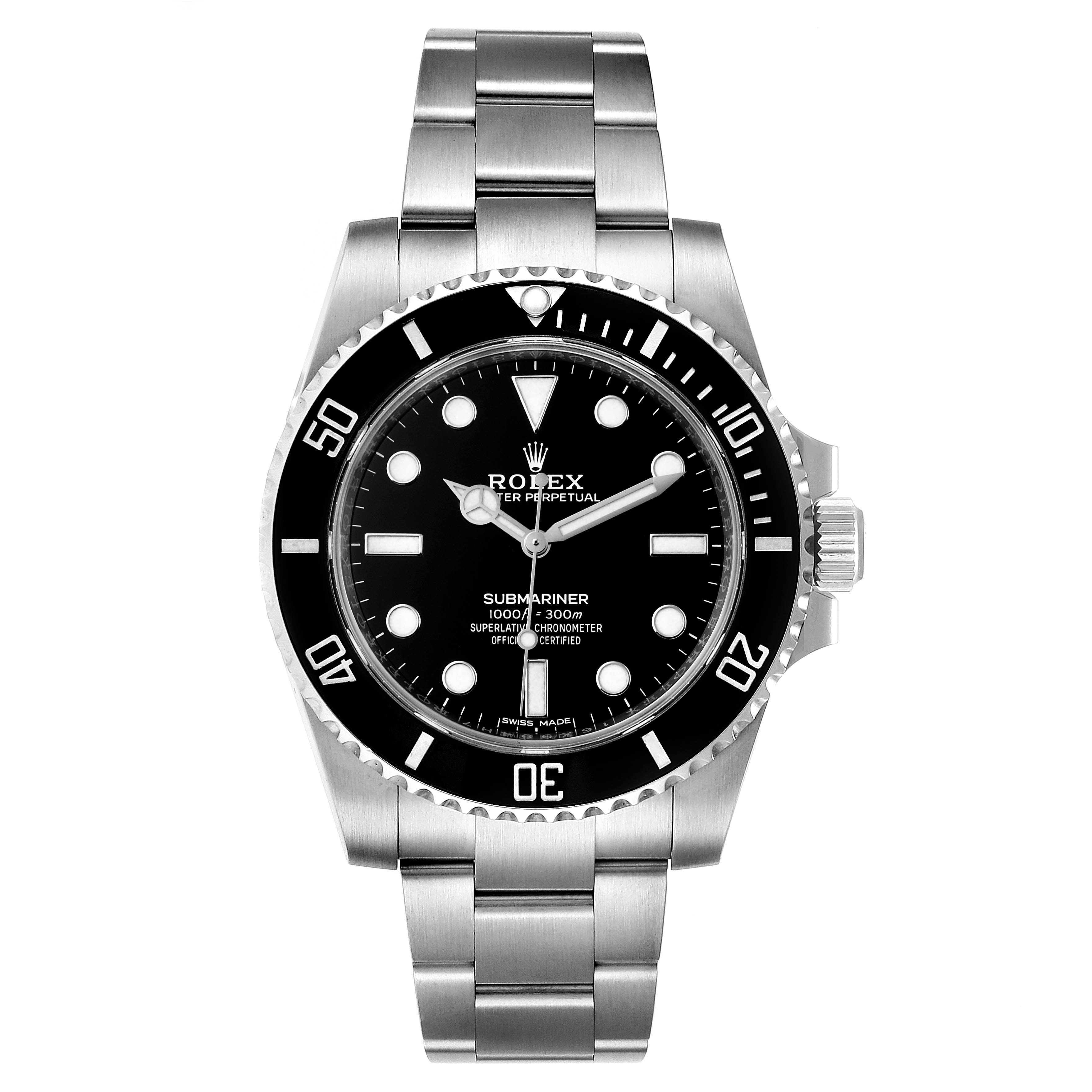 The image shows a front view of a Rolex Submariner 114060 Men
s Stainless Steel Black Dial 114060 Men
s Stainless Steel Black Dial watch, displaying the dial, bezel, and bracelet.