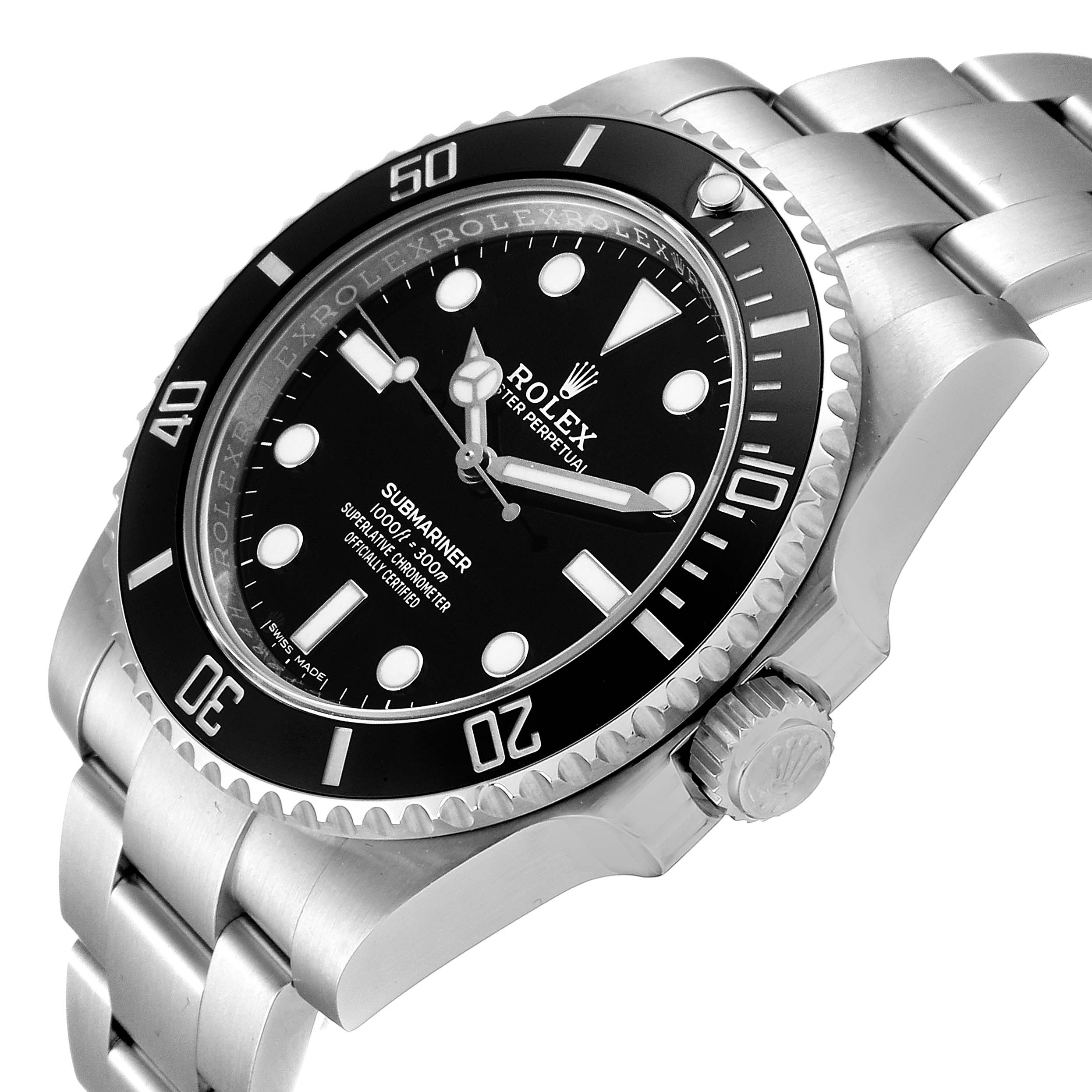 This image shows a side and partial front view of a Rolex Submariner 114060 Men
s Stainless Steel Black Dial 114060 Men
s Stainless Steel Black Dial watch, highlighting its bezel, dial, and stainless steel bracelet.