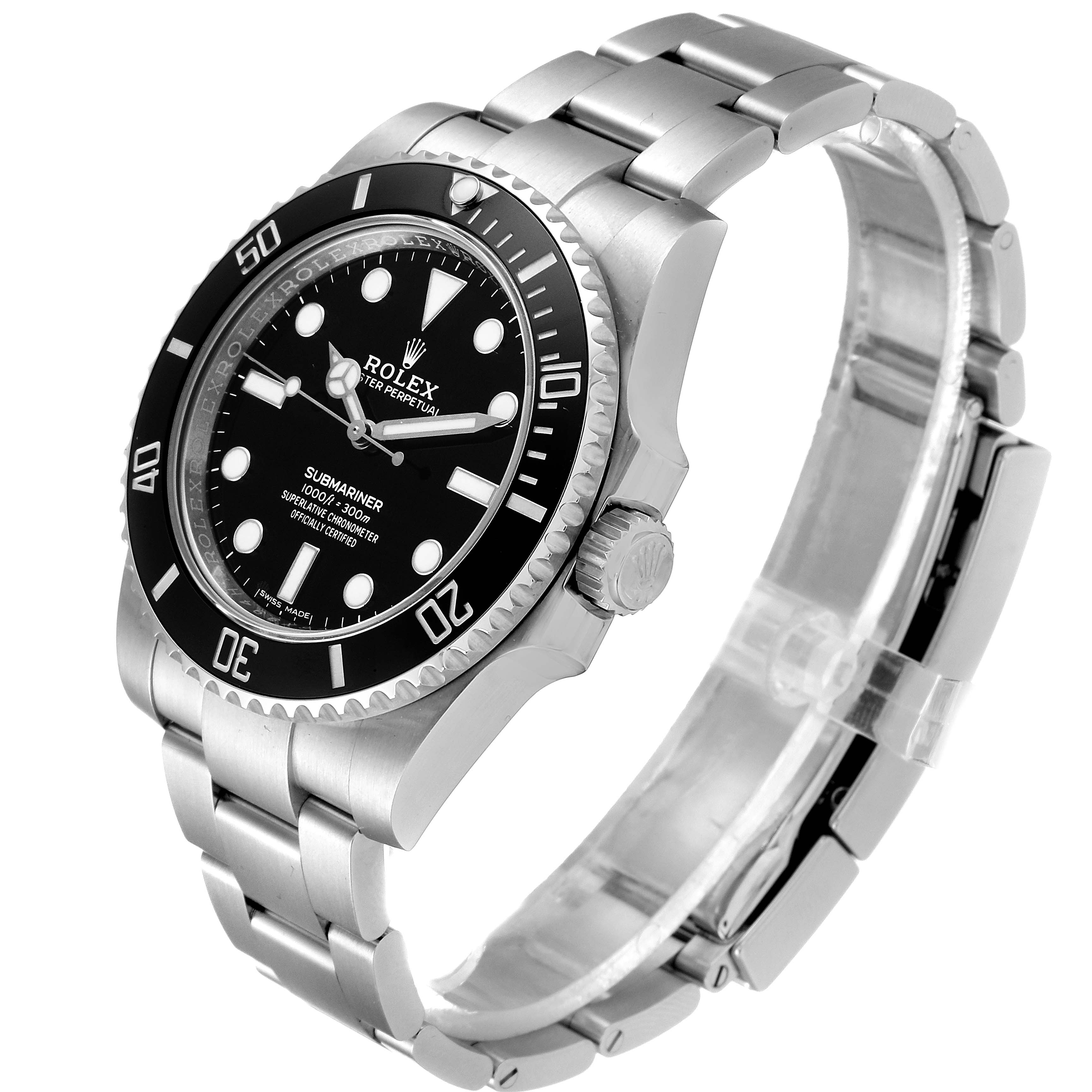 The Rolex Submariner 114060 Men
s Stainless Steel Black Dial 114060 Men
s Stainless Steel Black Dial watch is shown at a slight angle, highlighting its face, bezel, crown, and bracelet.