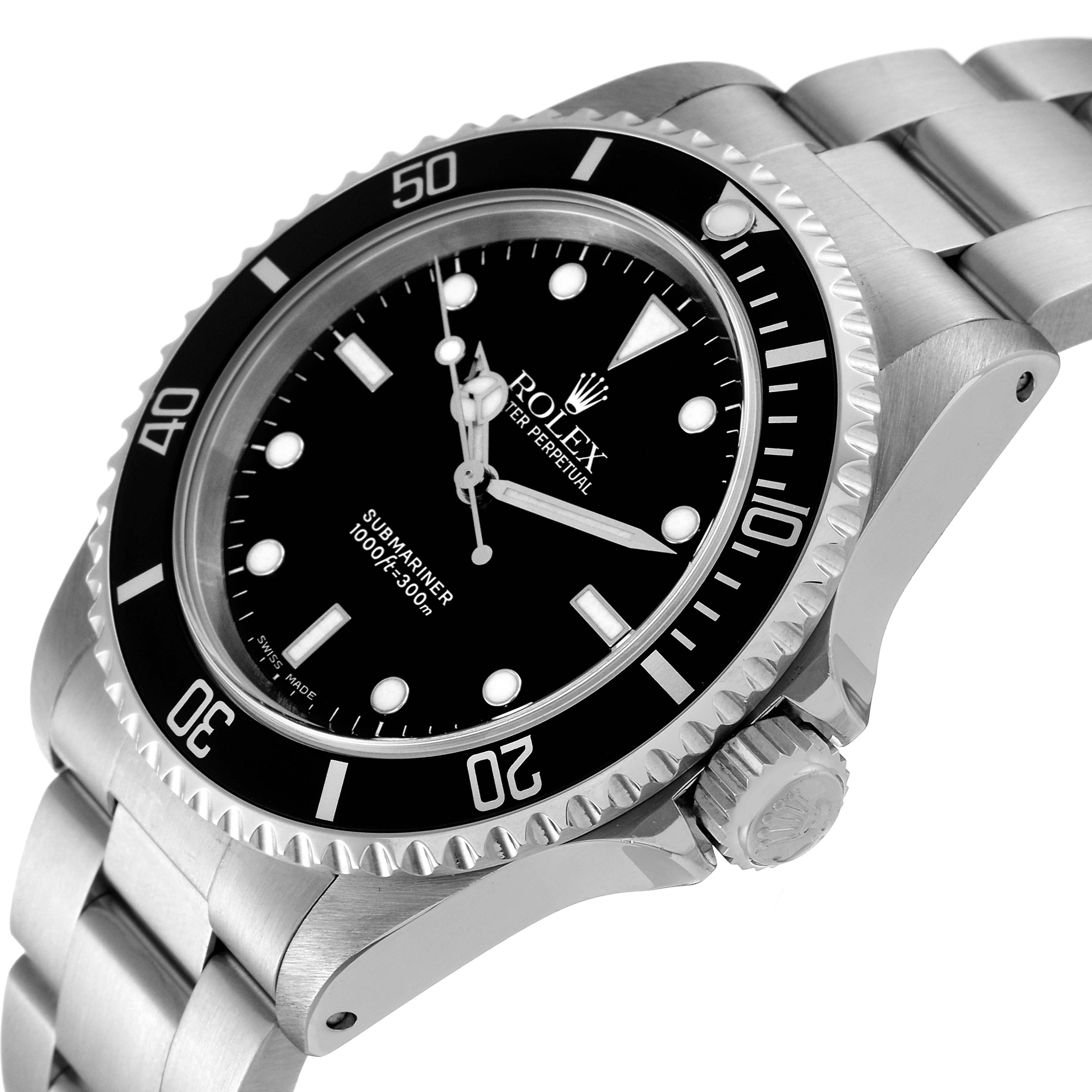 The image shows a side view of the Rolex Submariner 14060 Men
s Stainless Steel Black Dial 14060 Men
s Stainless Steel Black Dial watch, highlighting the bezel, dial, and crown.