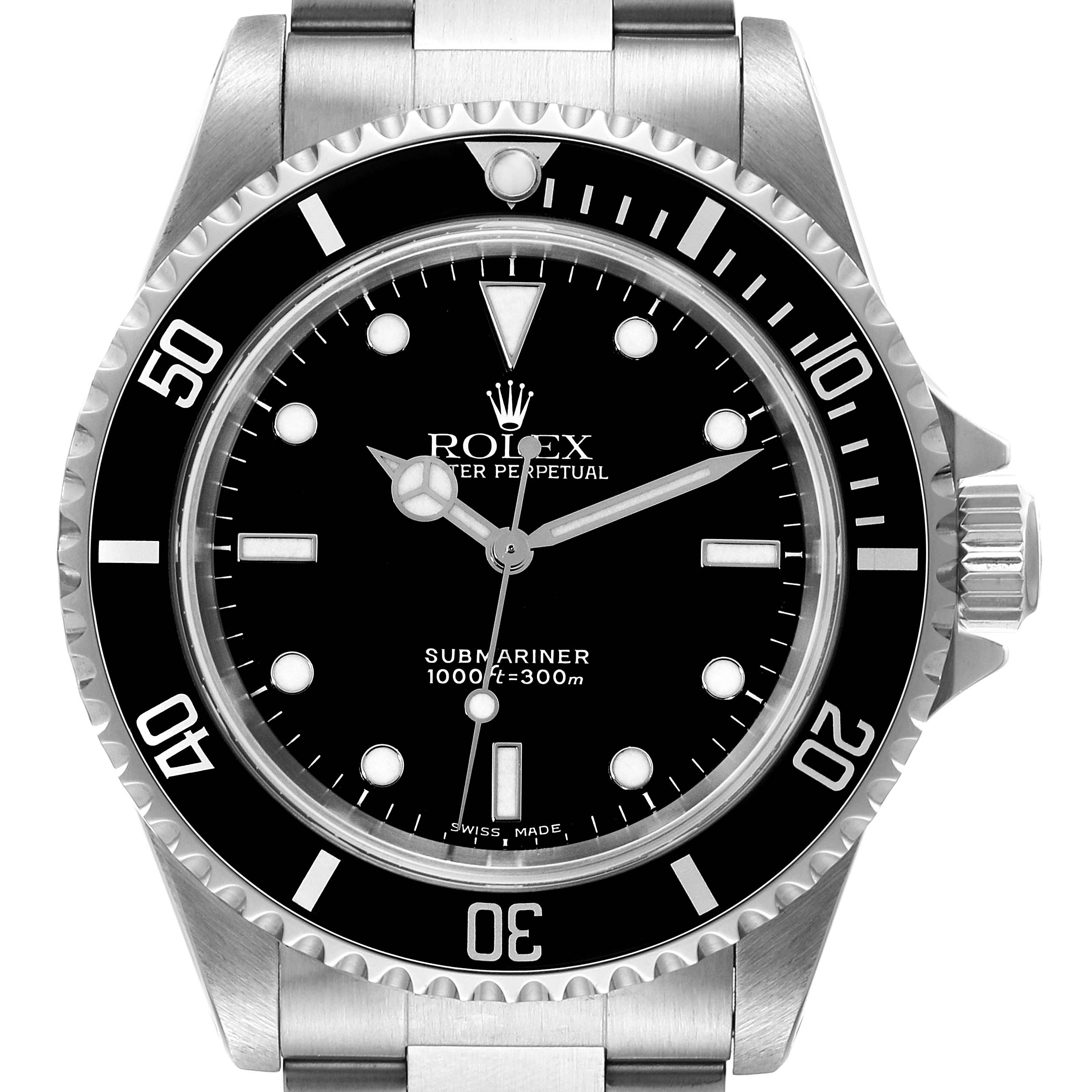This image shows a front view of the Rolex Submariner 14060 Men
s Stainless Steel Black Dial 14060 Men
s Stainless Steel Black Dial watch, highlighting the dial, bezel, and part of the bracelet.
