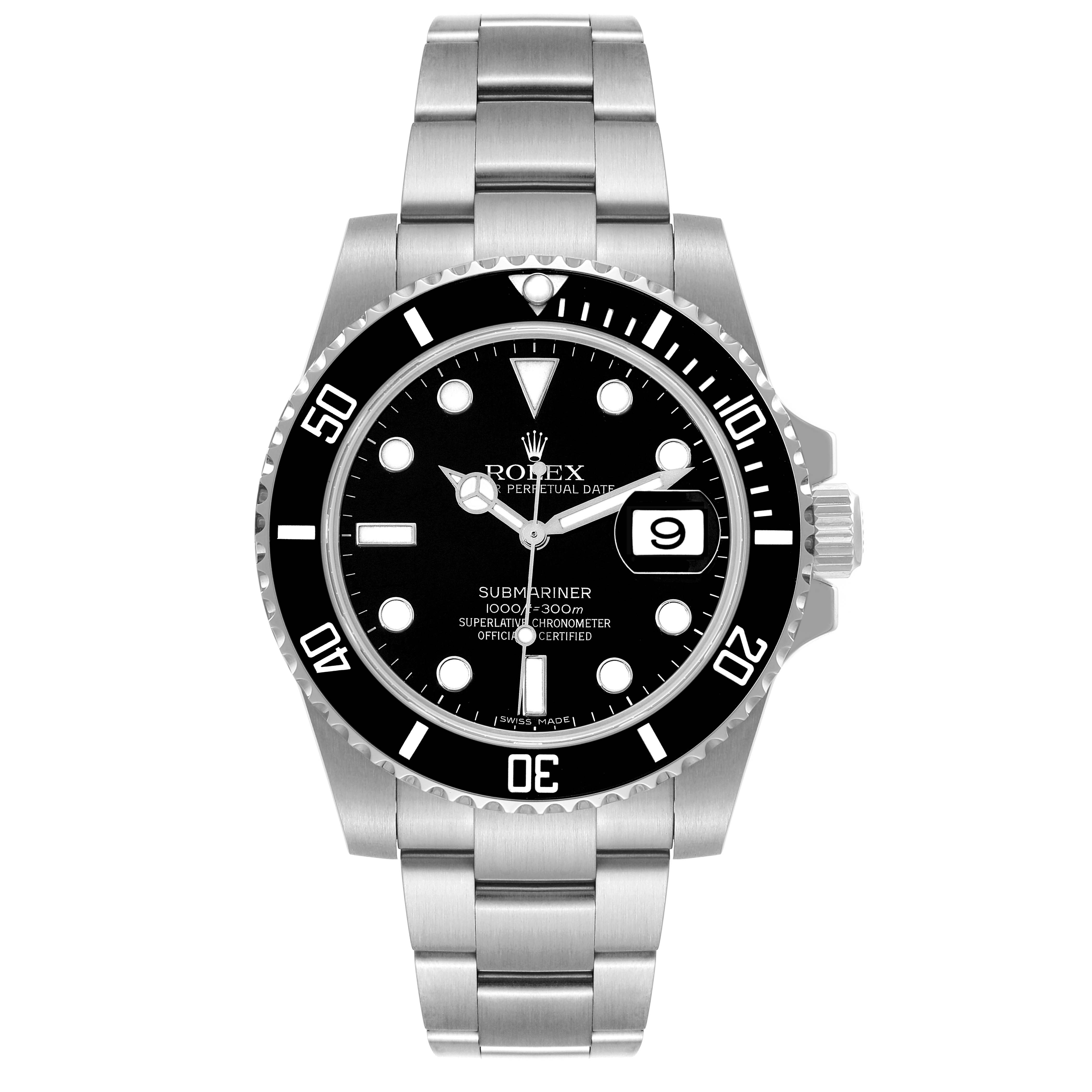 The Rolex Submariner 116610 Men
s Stainless Steel Black Dial 116610 Men
s Stainless Steel Black Dial watch is shown from the front, displaying its dial, bezel, and stainless steel bracelet.