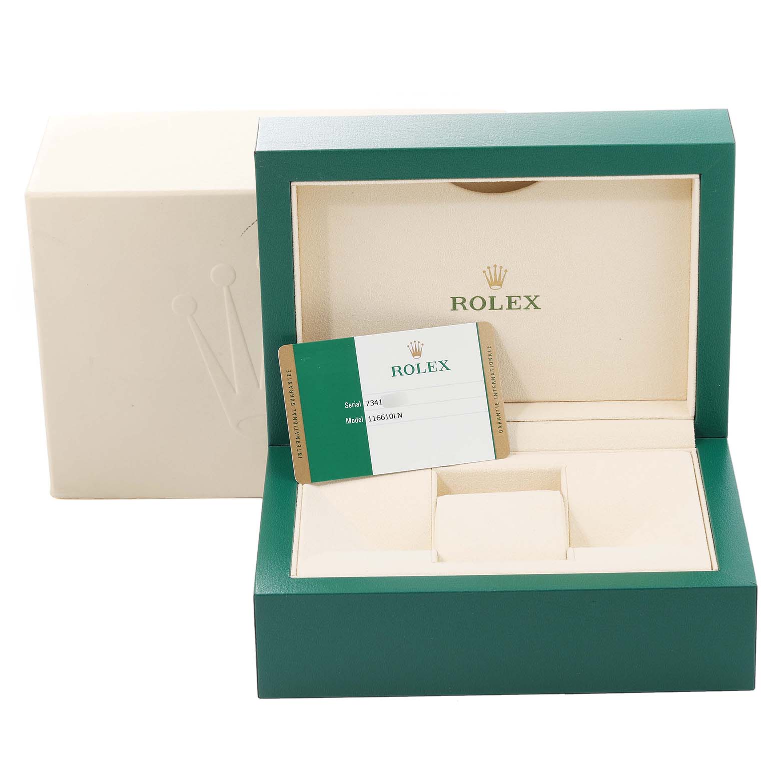 The image shows a Rolex Submariner 116610 Men
s Stainless Steel Black Dial 116610 Men
s Stainless Steel Black Dial box and warranty card, with the card placed inside the open green and beige box.