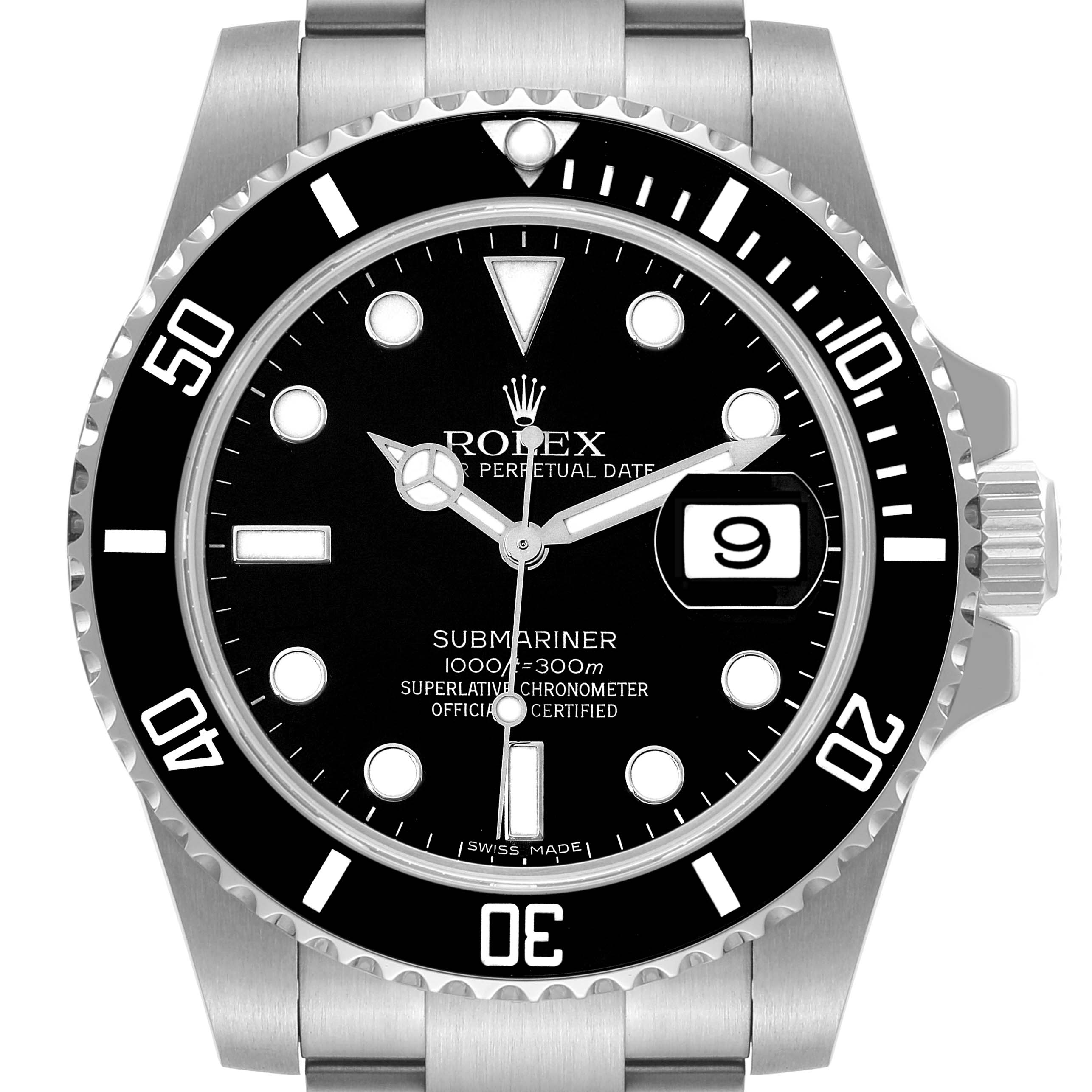 The image shows a frontal view of a Rolex Submariner 116610 Men
s Stainless Steel Black Dial 116610 Men
s Stainless Steel Black Dial watch, highlighting its black dial, bezel, and stainless steel bracelet.