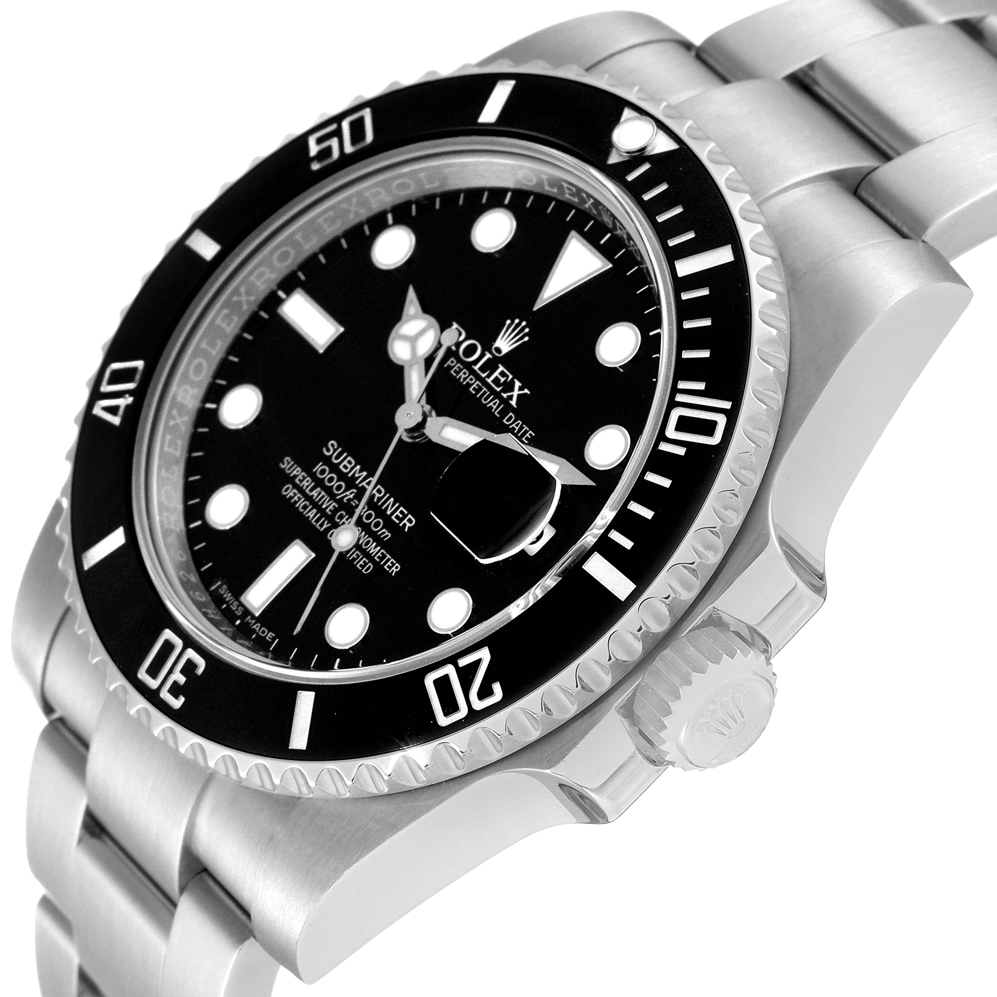 This image shows a Rolex Submariner 116610 Men
s Stainless Steel Black Dial 116610 Men
s Stainless Steel Black Dial watch at an angle highlighting the dial, bezel, crown, and metal bracelet.