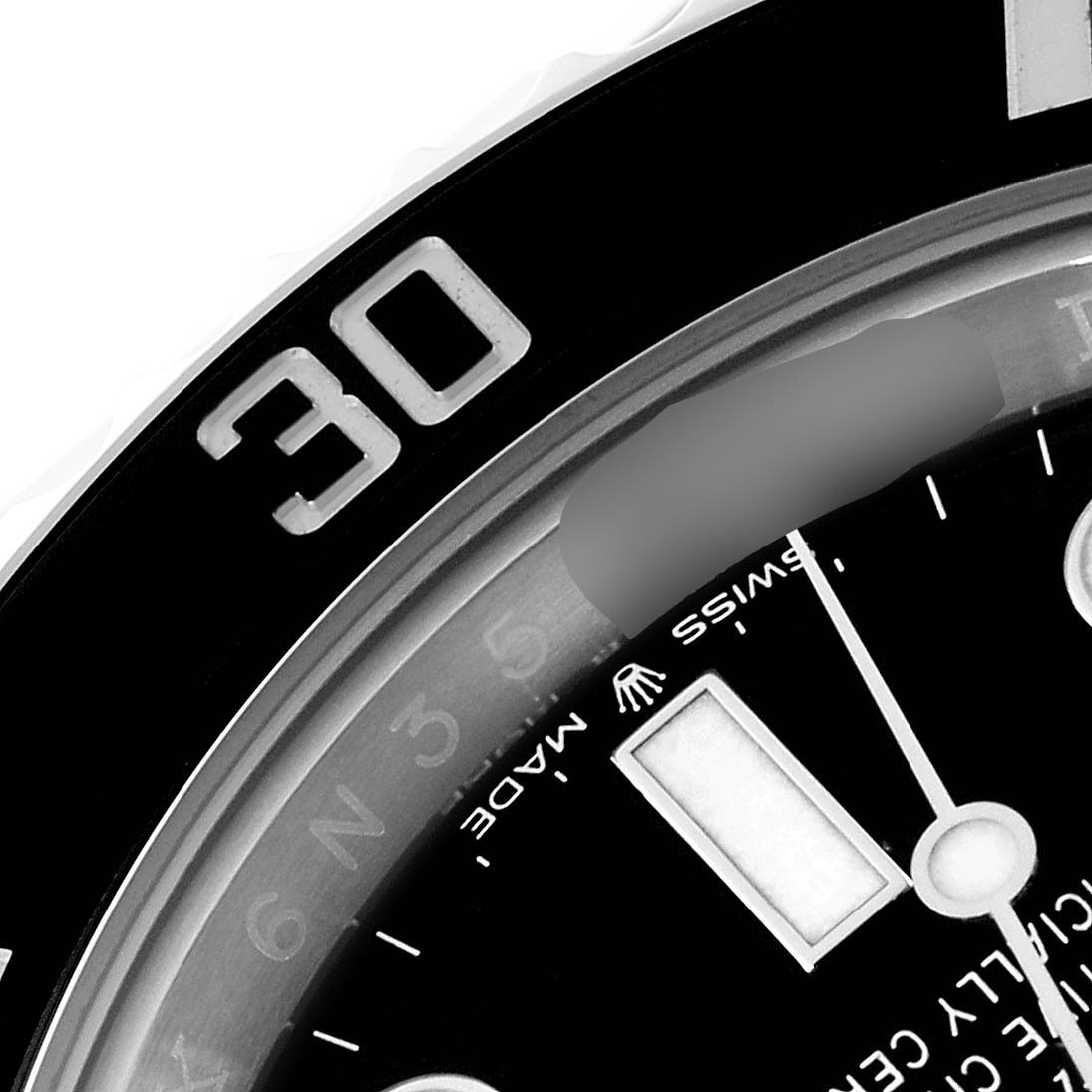 The image shows a close-up of the bezel and part of the dial of a Rolex Submariner 126610LN Men's Stainless Steel Black Dial 126610LN Men's Stainless Steel Black Dial watch.