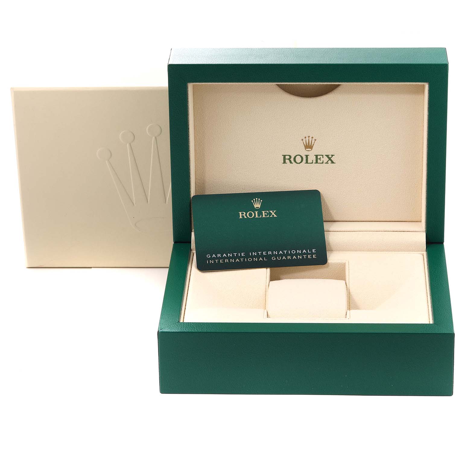 The image shows a Rolex Submariner 126610LN Men's Stainless Steel Black Dial 126610LN Men's Stainless Steel Black Dial watch box and its international guarantee card placed inside.