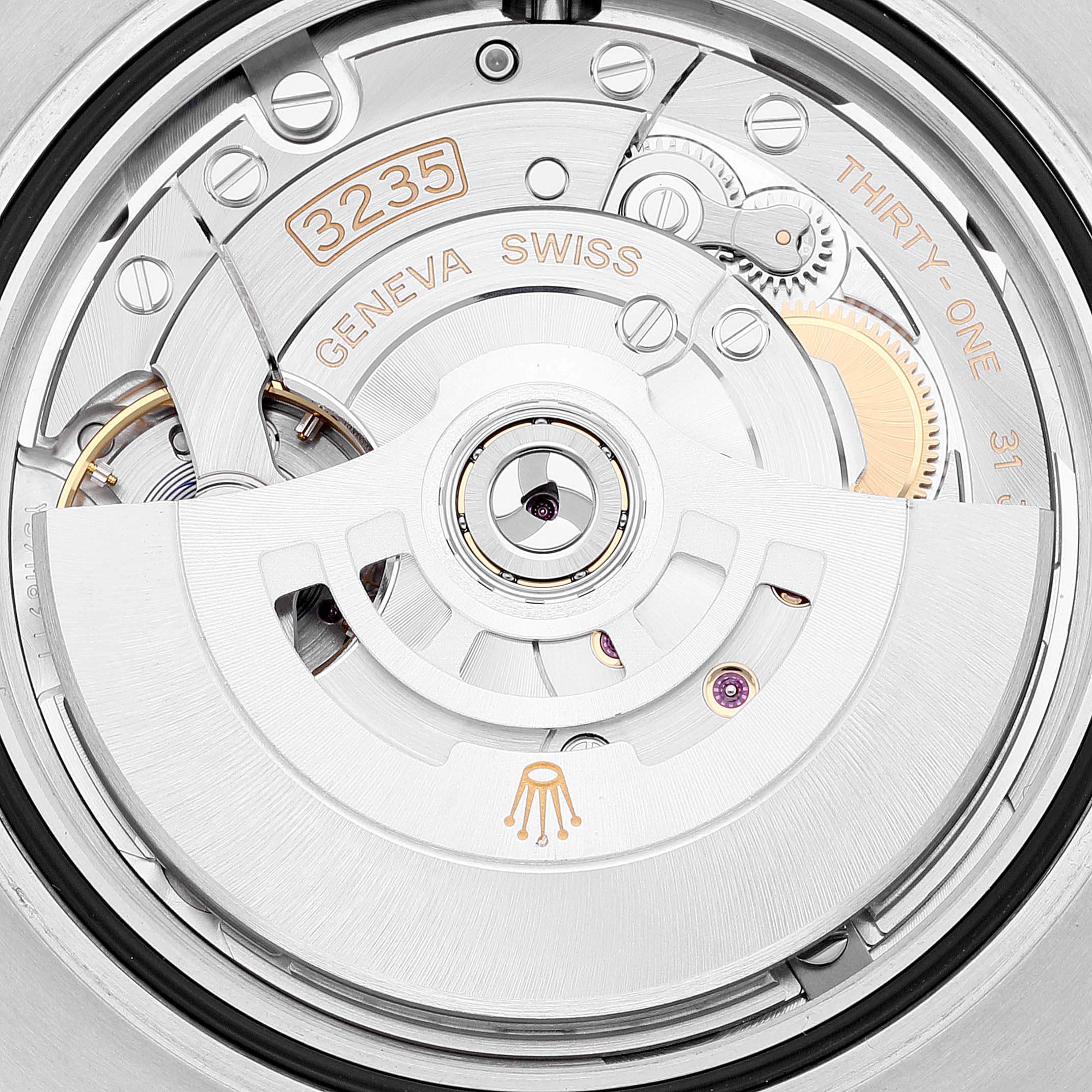 This is a close-up view of the movement mechanism of a Rolex Submariner 126610LN Men's Stainless Steel Black Dial 126610LN Men's Stainless Steel Black Dial watch, showcasing its intricate details.