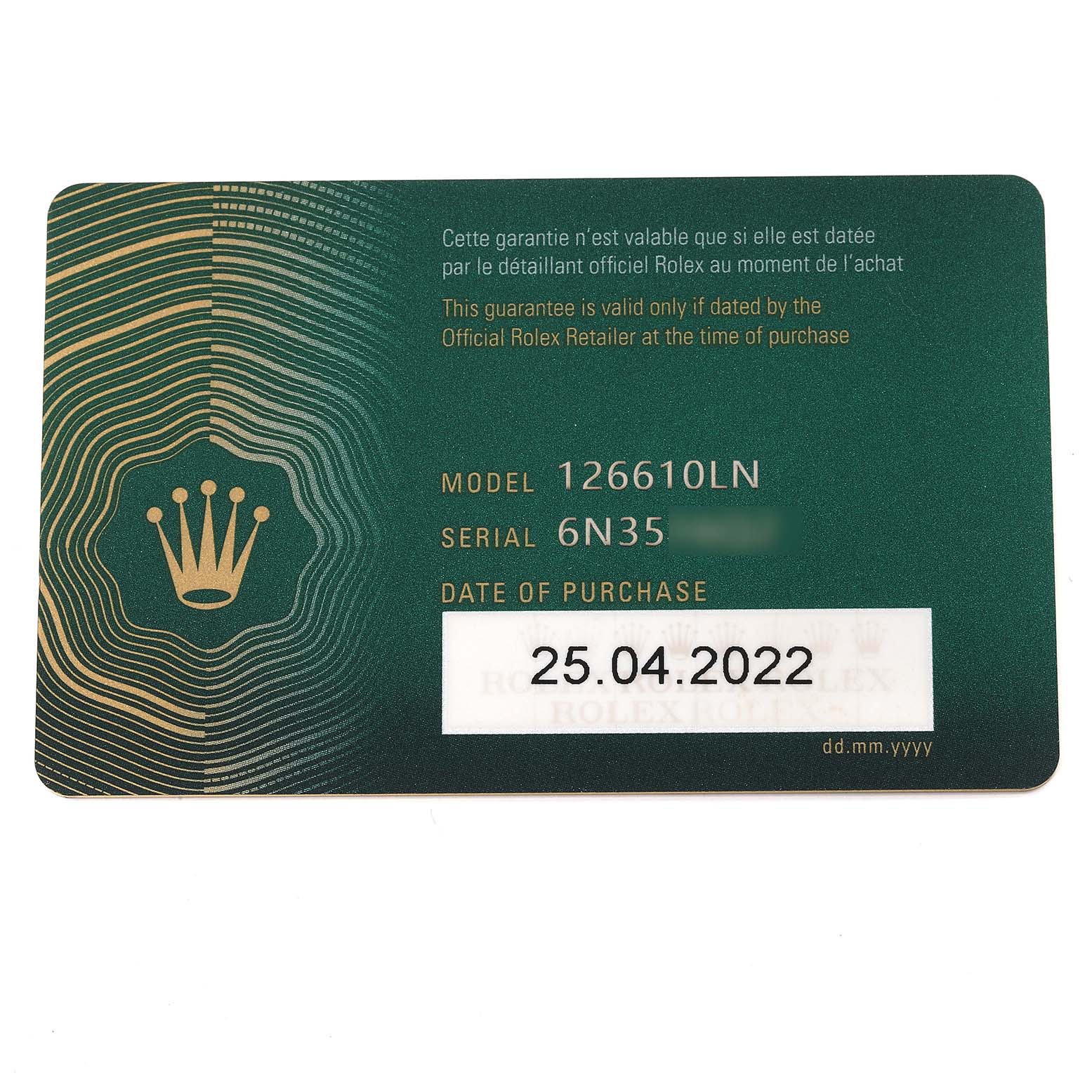 This image shows the warranty card for a Rolex Submariner 126610LN Men's Stainless Steel Black Dial 126610LN Men's Stainless Steel Black Dial model 126610LN, displaying its serial number and date of purchase.