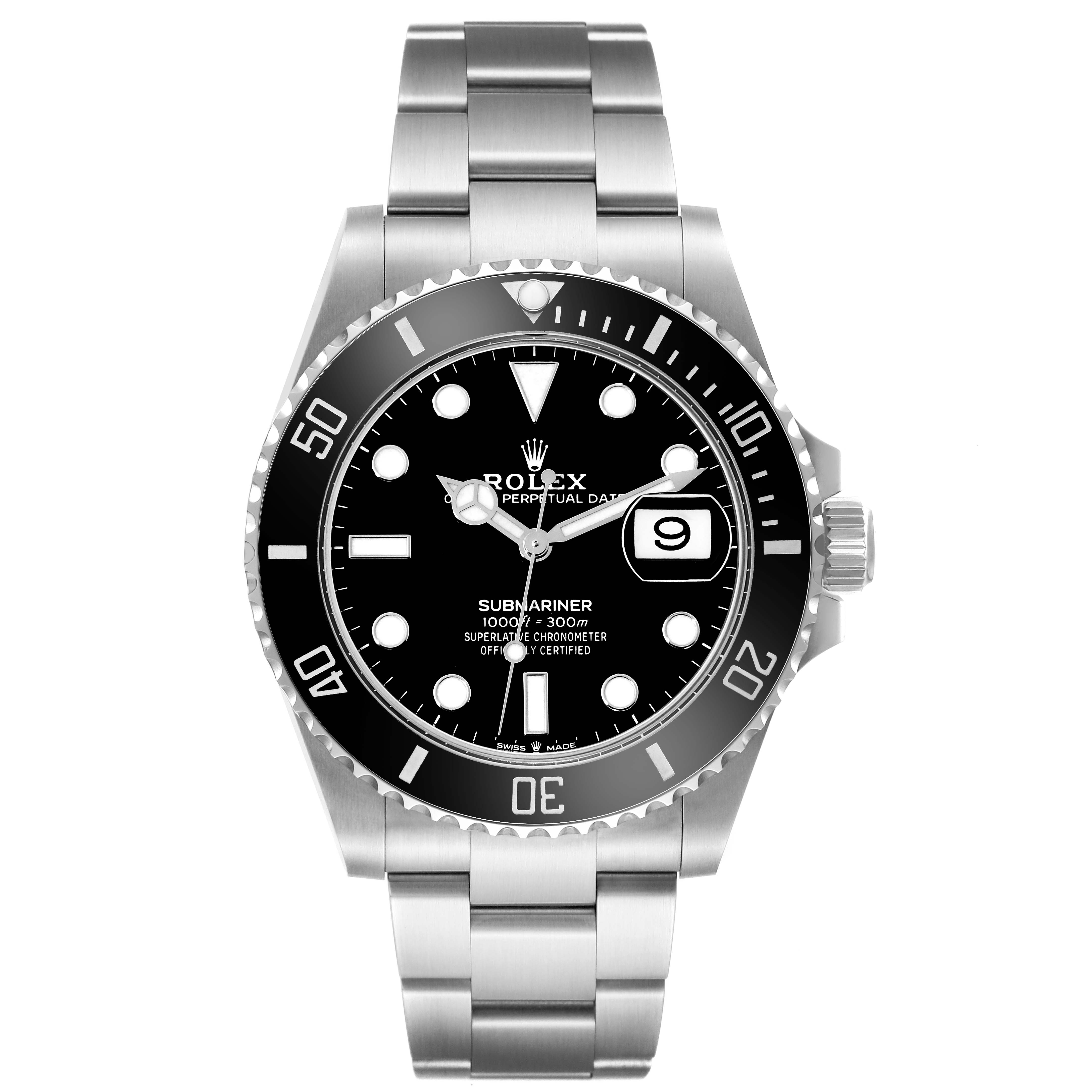 The image shows a front view of a Rolex Submariner 126610LN Men's Stainless Steel Black Dial 126610LN Men's Stainless Steel Black Dial watch, highlighting its face, bezel, bracelet, and crown.