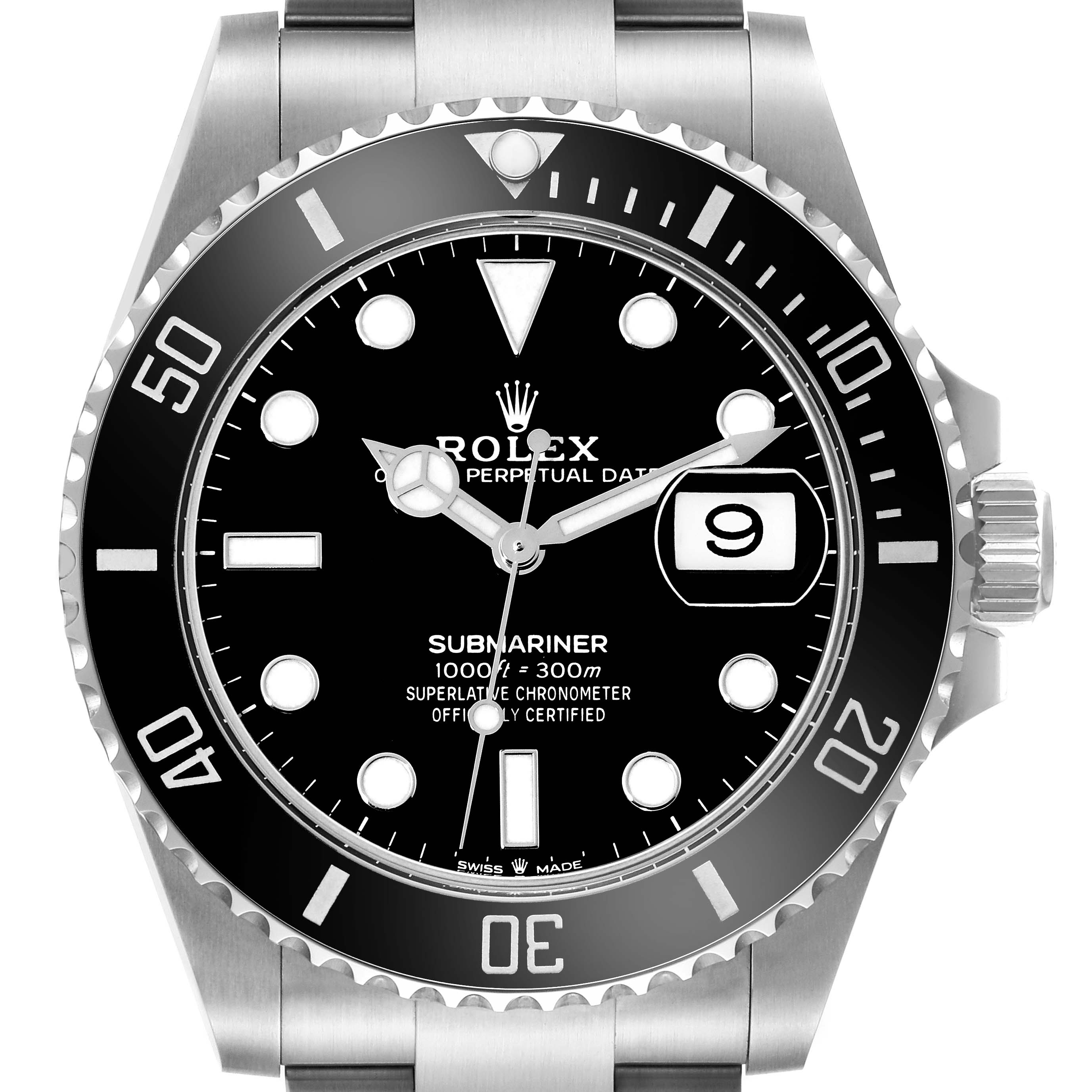 Front view of a Rolex Submariner 126610LN Men's Stainless Steel Black Dial 126610LN Men's Stainless Steel Black Dial watch showing the dial, bezel, hands, and part of the bracelet.