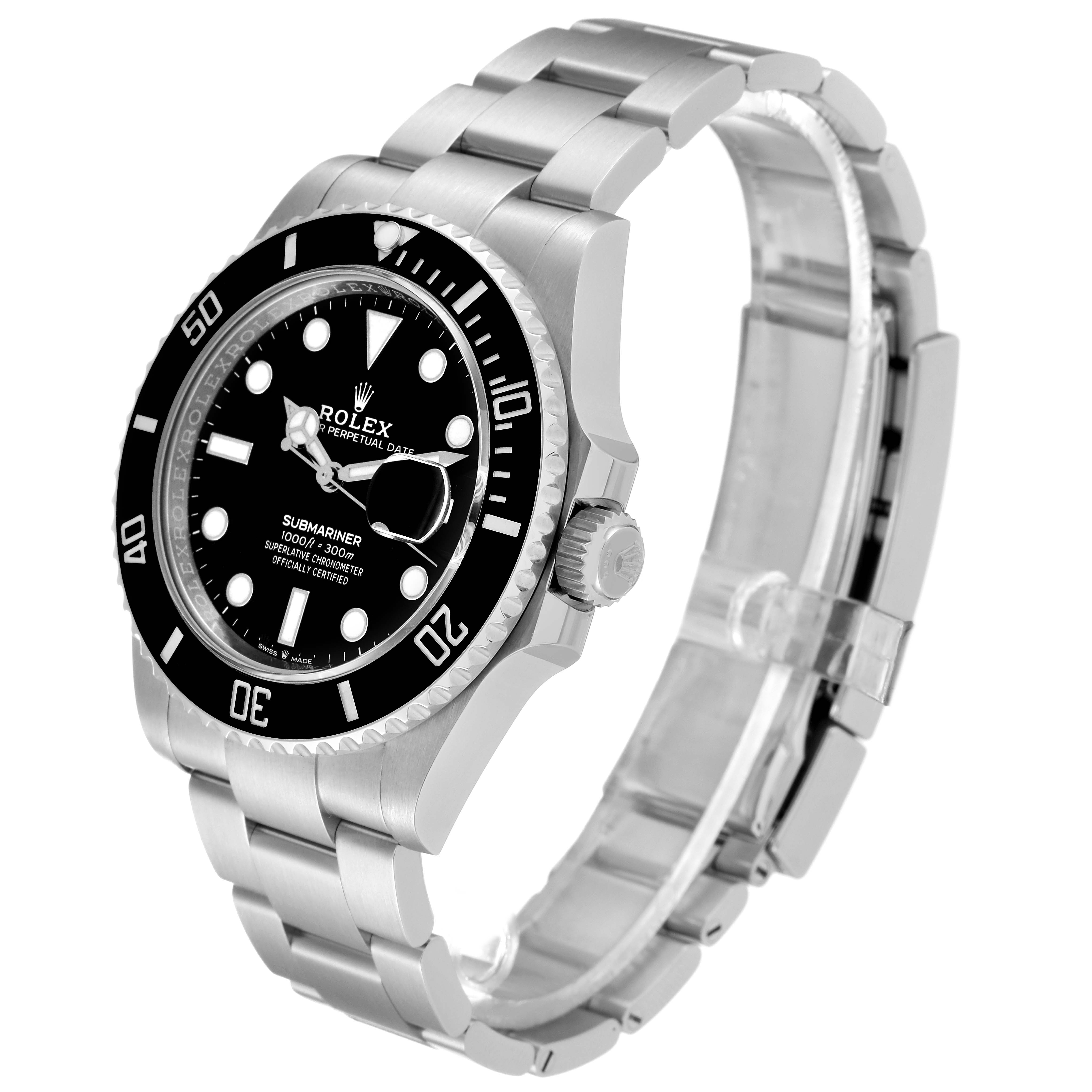 The image shows a side angle view of a Rolex Submariner 126610LN Men's Stainless Steel Black Dial 126610LN Men's Stainless Steel Black Dial watch, showcasing its bezel, dial, crown, and bracelet.