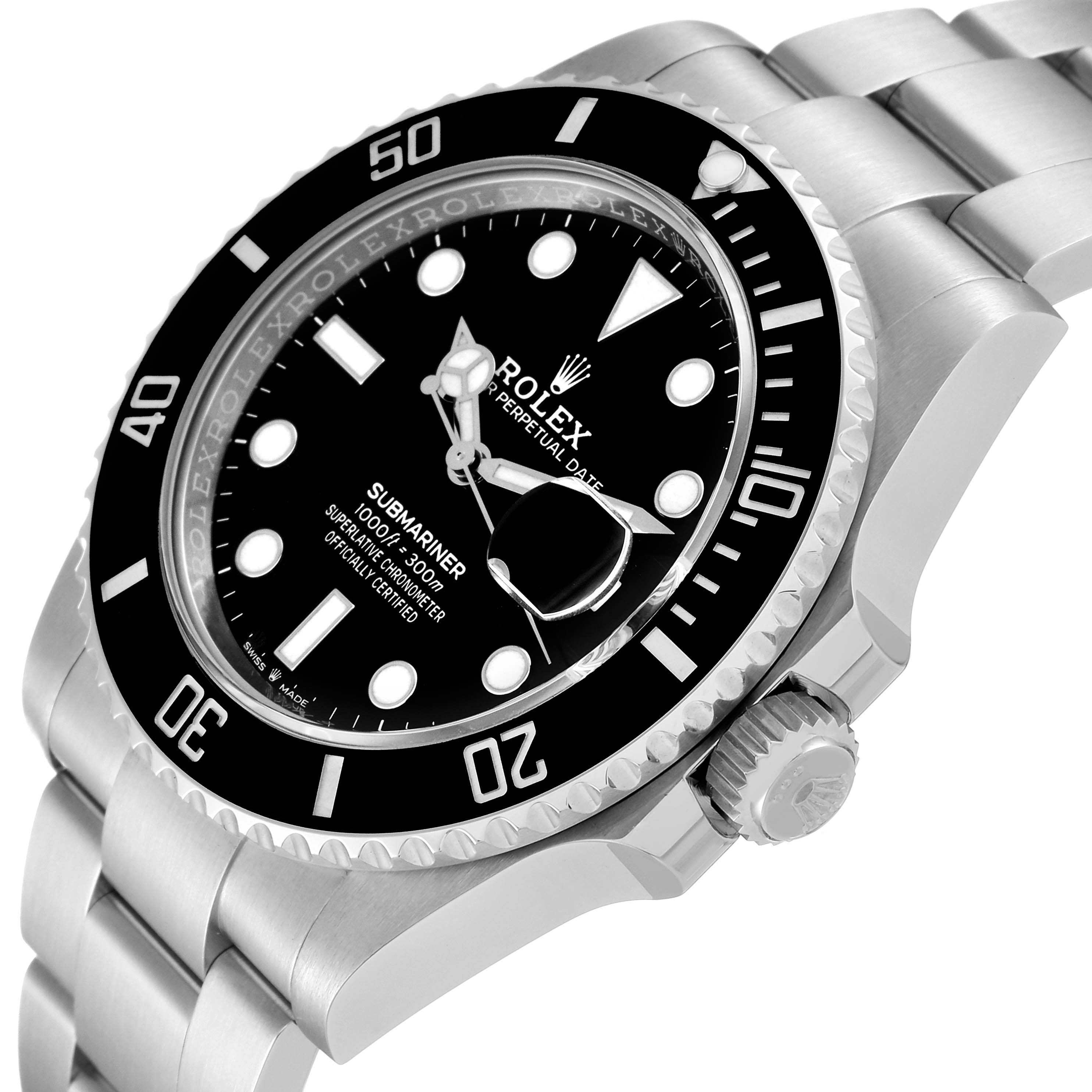 This image shows a close-up of the Rolex Submariner 126610LN Men's Stainless Steel Black Dial 126610LN Men's Stainless Steel Black Dial watch at an angle showcasing its dial, bezel, crown, and part of the bracelet.