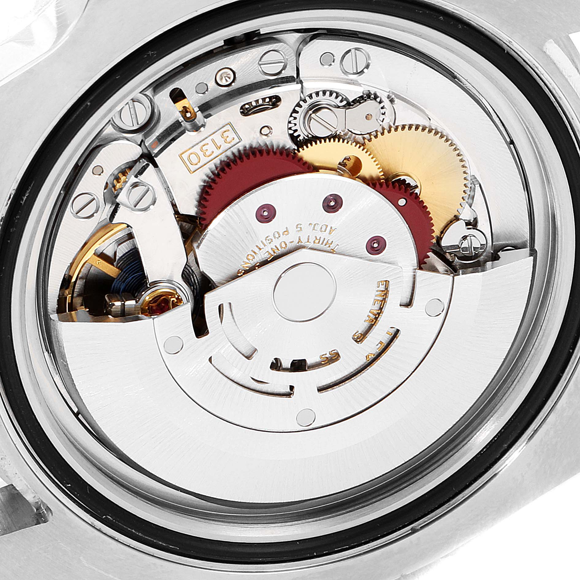 This image shows the inner mechanical movement of a Rolex Submariner 114060 Men's Stainless Steel Black Dial 114060 Men's Stainless Steel Black Dial watch from a top-down angle.