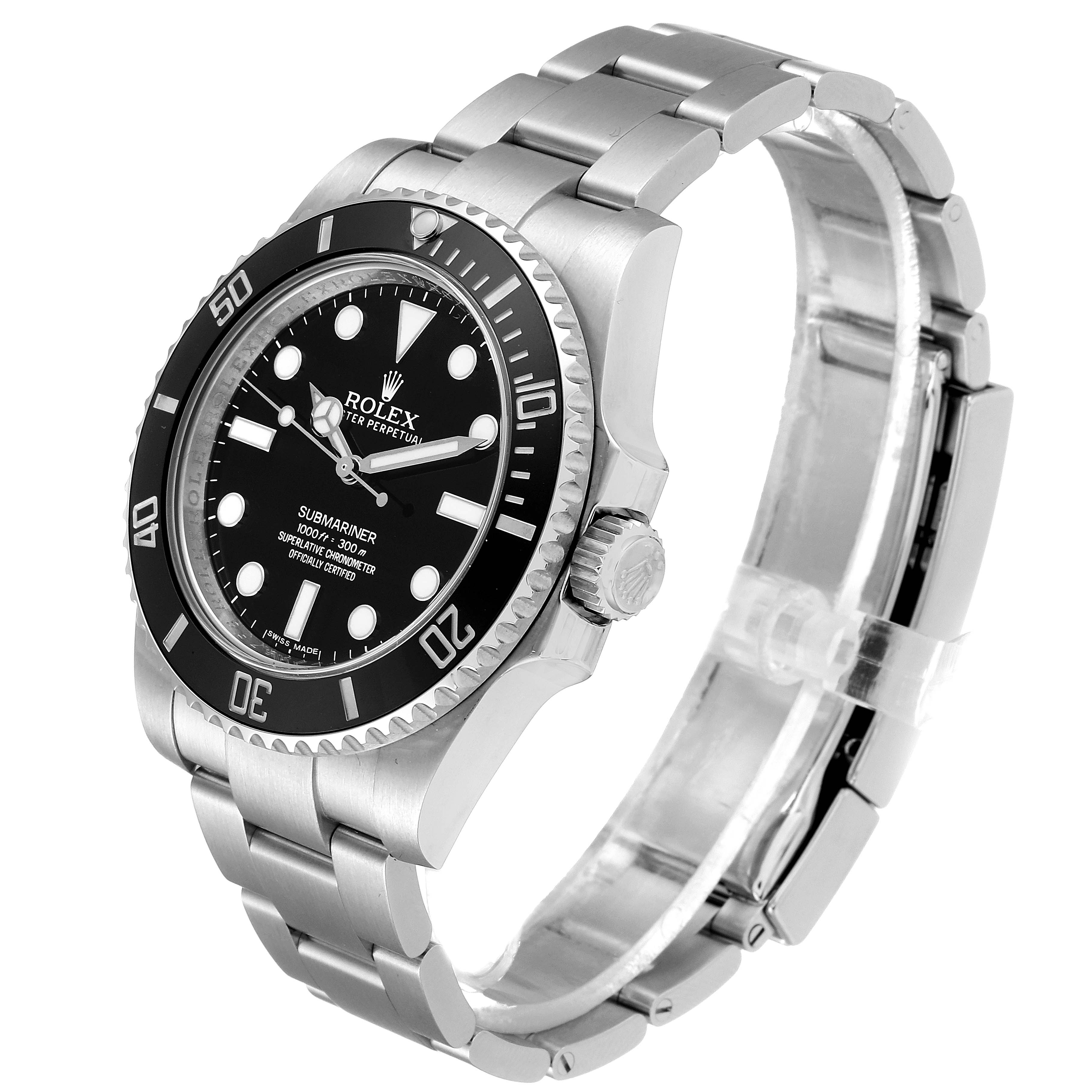 This image shows a Rolex Submariner 114060 Men's Stainless Steel Black Dial 114060 Men's Stainless Steel Black Dial watch angled from the front-left, displaying its dial, bezel, bracelet, and crown.