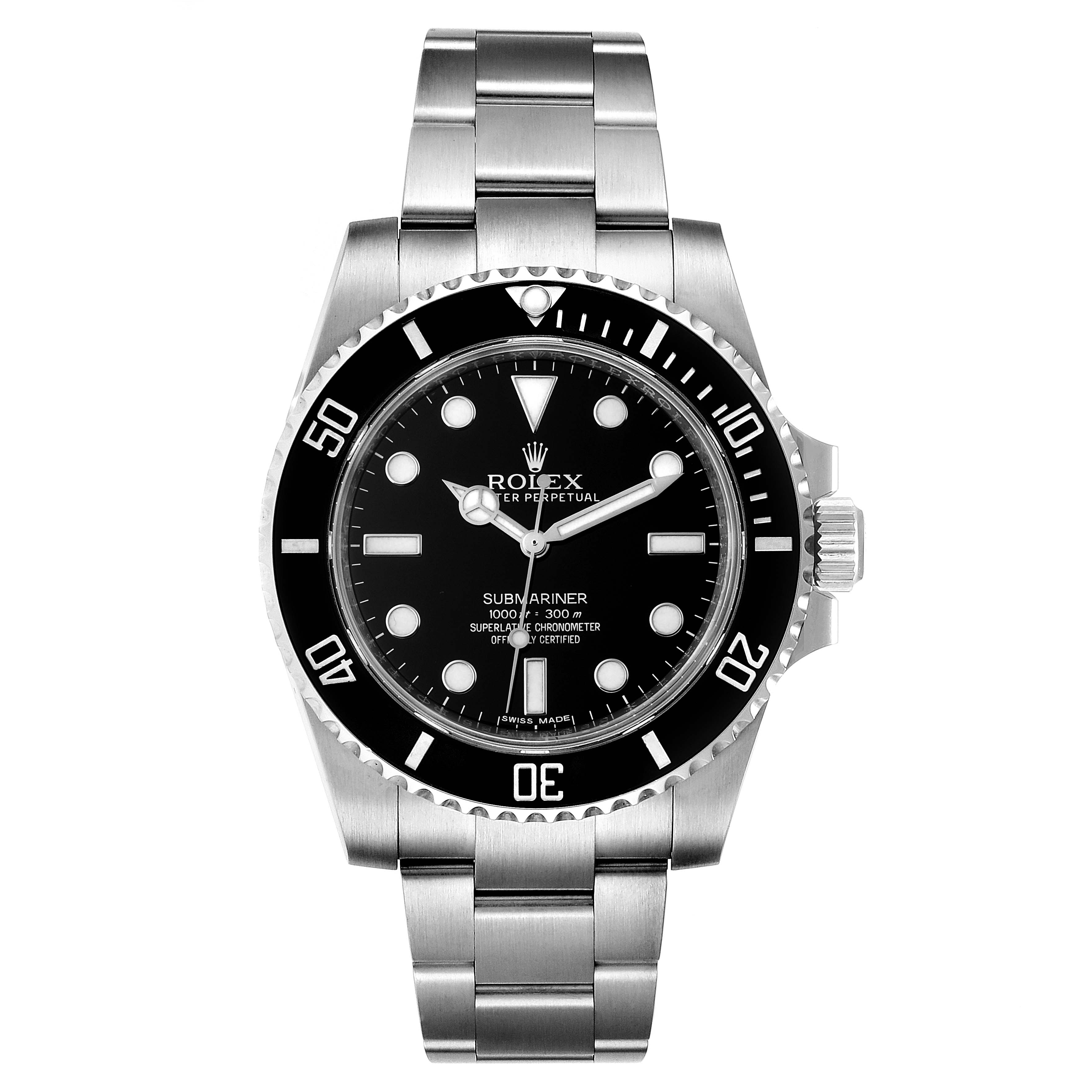 The Rolex Submariner 114060 Men's Stainless Steel Black Dial 114060 Men's Stainless Steel Black Dial is shown from a front angle, displaying its face, bezel, and stainless steel bracelet.