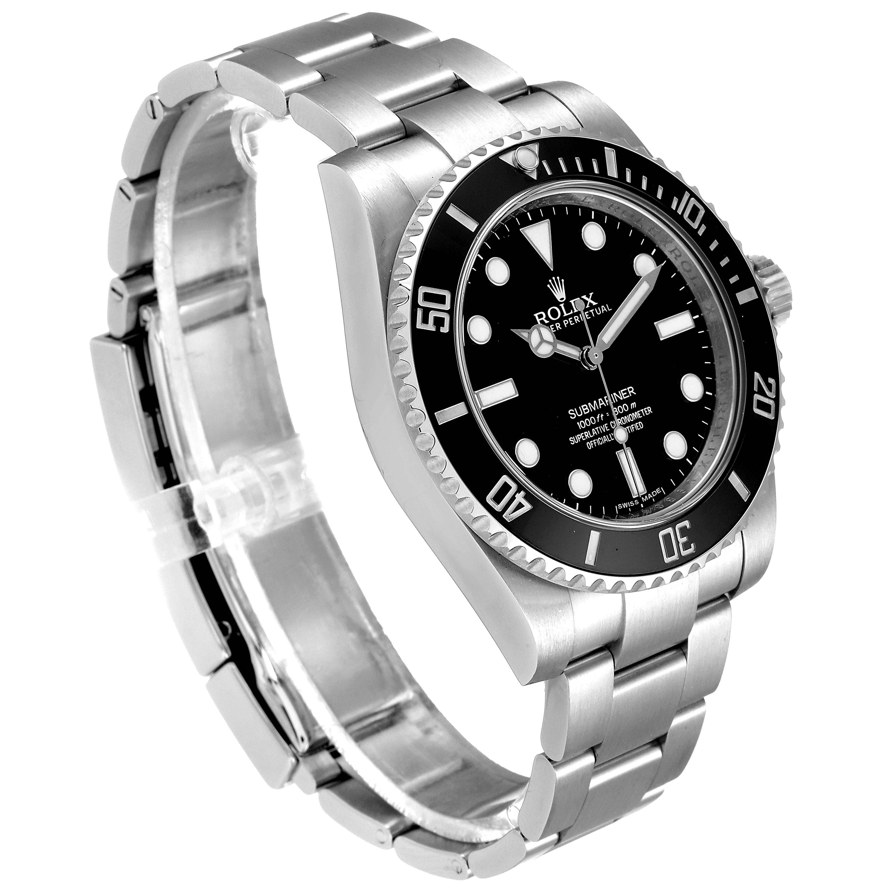 This image shows a side angle of the Rolex Submariner 114060 Men's Stainless Steel Black Dial 114060 Men's Stainless Steel Black Dial watch displaying its band, dial, and bezel.