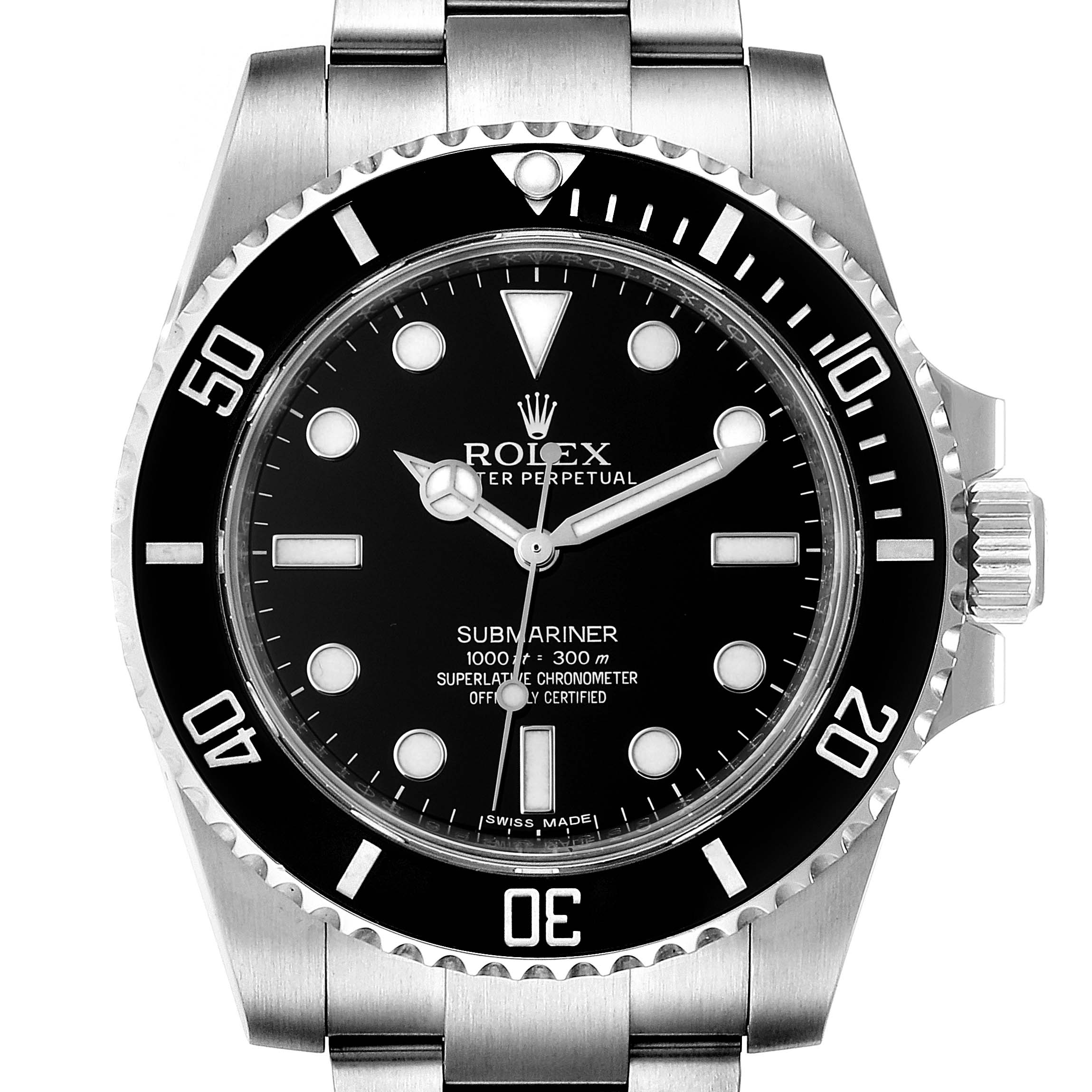 The image shows a front view of a Rolex Submariner 114060 Men's Stainless Steel Black Dial 114060 Men's Stainless Steel Black Dial watch, highlighting its dial, bezel, and bracelet.
