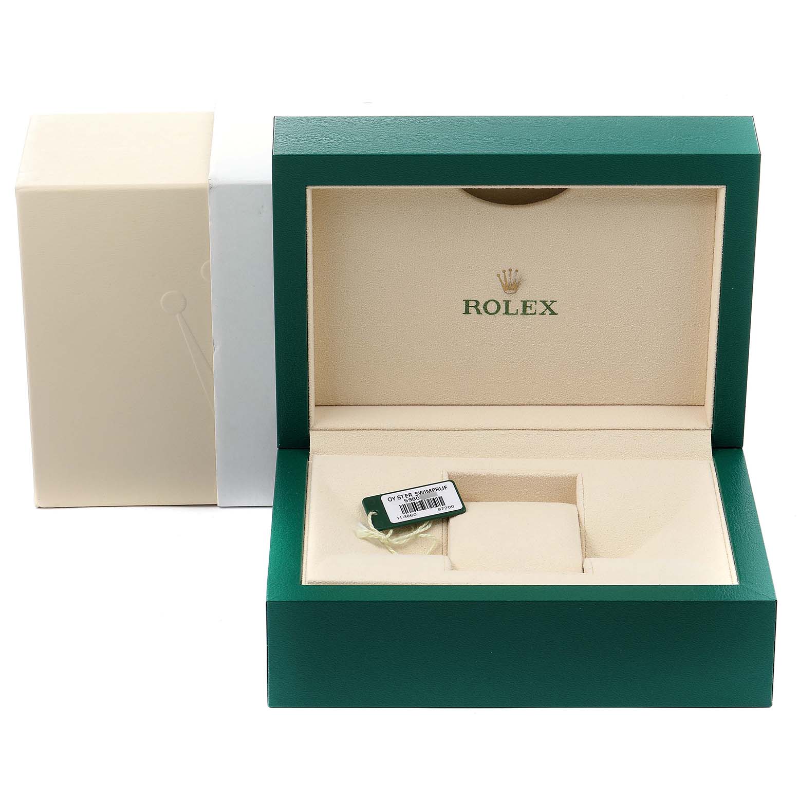 The image shows an open green Rolex watch box for a Submariner model, with a cream interior and an empty watch slot.