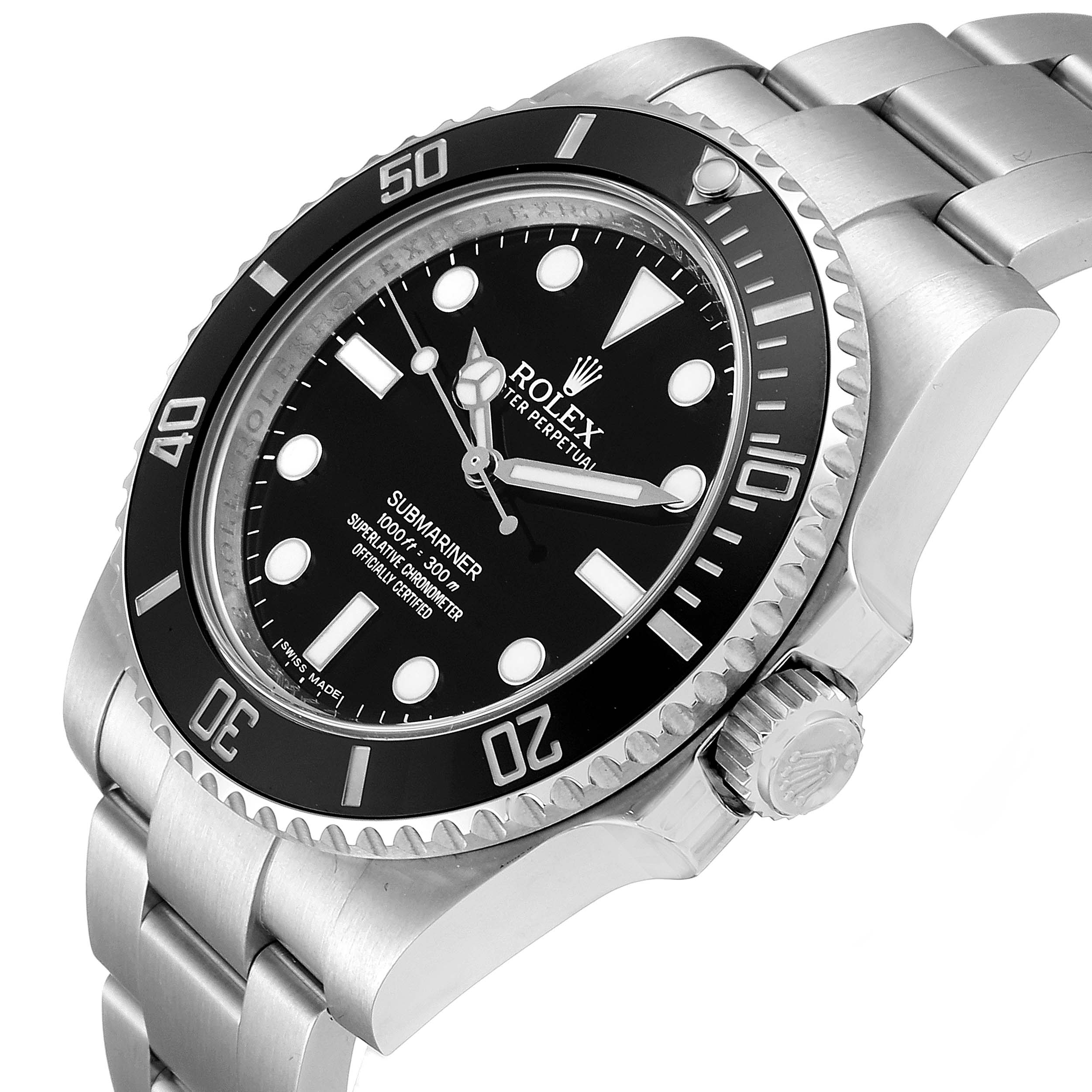 The image shows a close-up angled view of the Rolex Submariner 114060 Men's Stainless Steel Black Dial 114060 Men's Stainless Steel Black Dial watch, displaying its face, bezel, and crown.