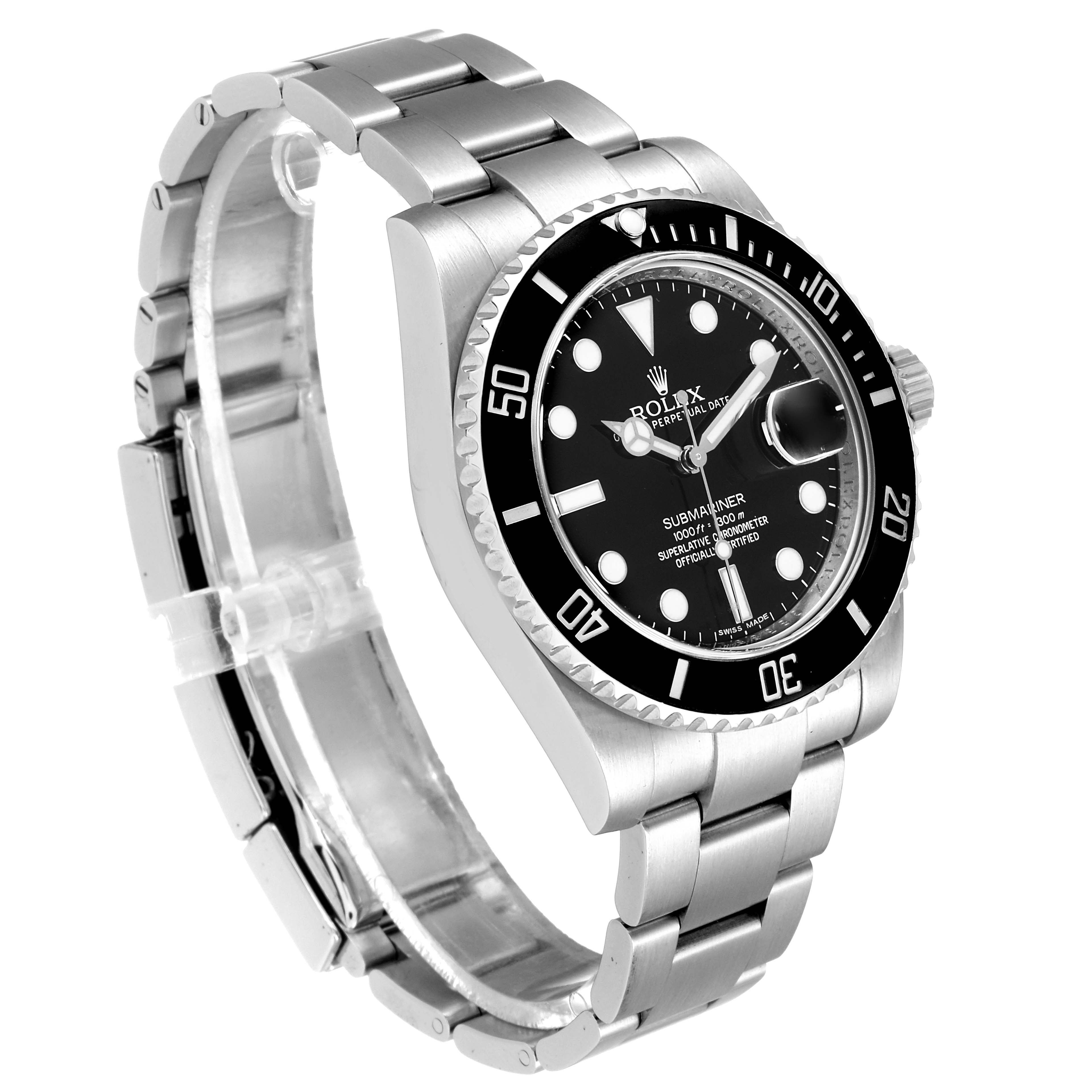 The image shows a side and angled view of a Rolex Submariner 116610 Men's Stainless Steel Black Dial 116610 Men's Stainless Steel Black Dial watch, highlighting its face, bezel, and metal bracelet.