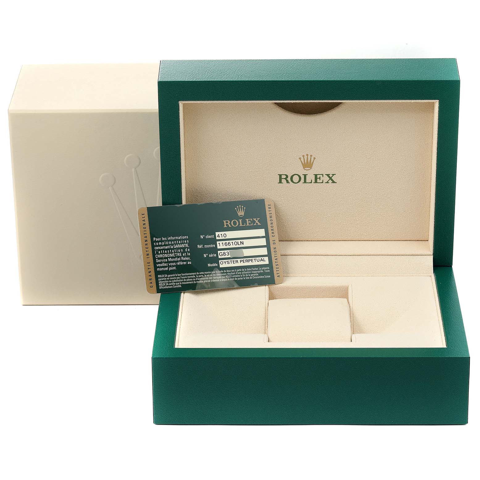The image shows the packaging and warranty card for a Rolex Submariner 116610 Men's Stainless Steel Black Dial 116610 Men's Stainless Steel Black Dial, with the inner watch box open and the card displayed.
