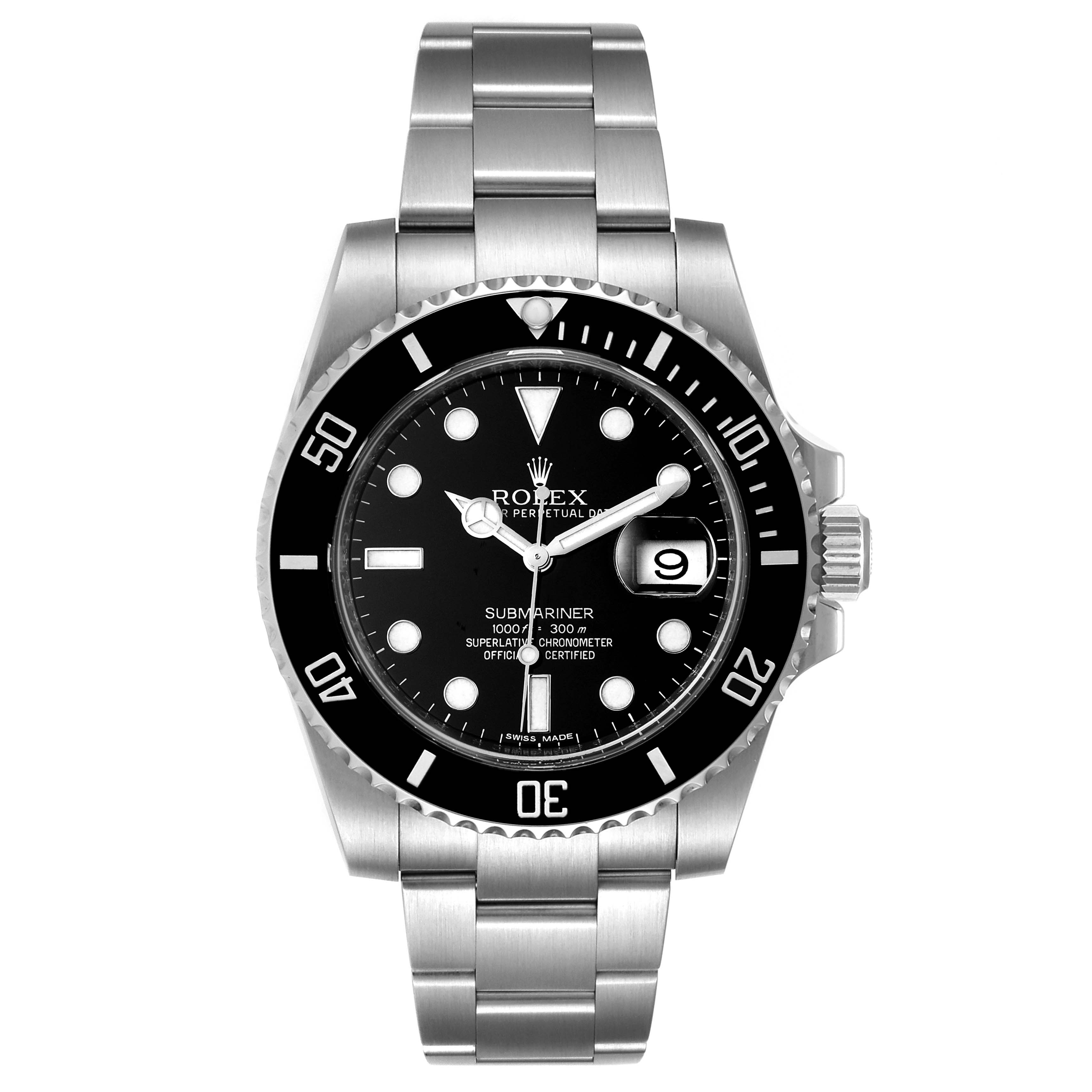 The image shows a front view of a Rolex Submariner 116610 Men's Stainless Steel Black Dial 116610 Men's Stainless Steel Black Dial watch, featuring its dial, bezel, bracelet, and crown.