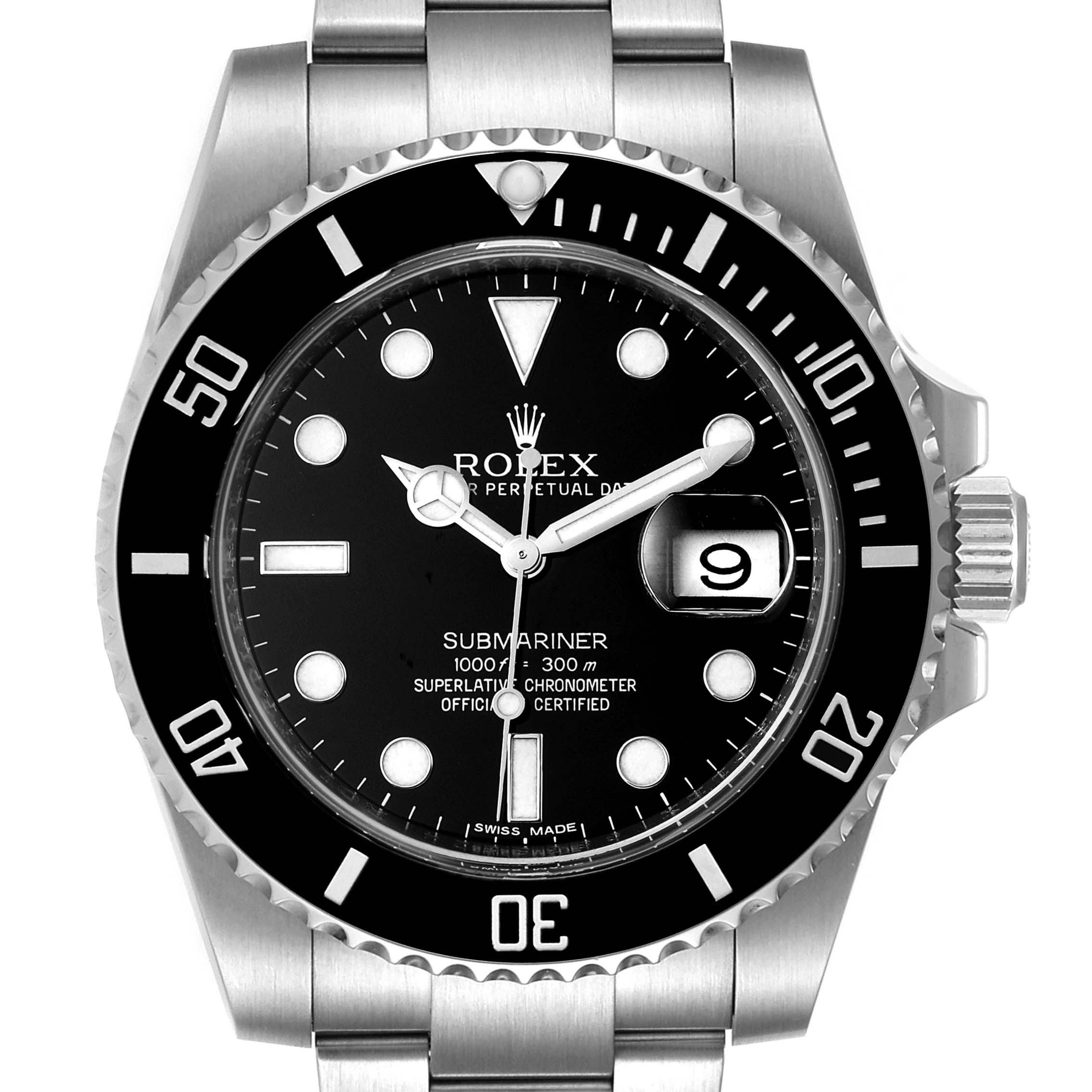 This image shows a frontal view of the Rolex Submariner 116610 Men's Stainless Steel Black Dial 116610 Men's Stainless Steel Black Dial, highlighting the dial, bezel, and bracelet.
