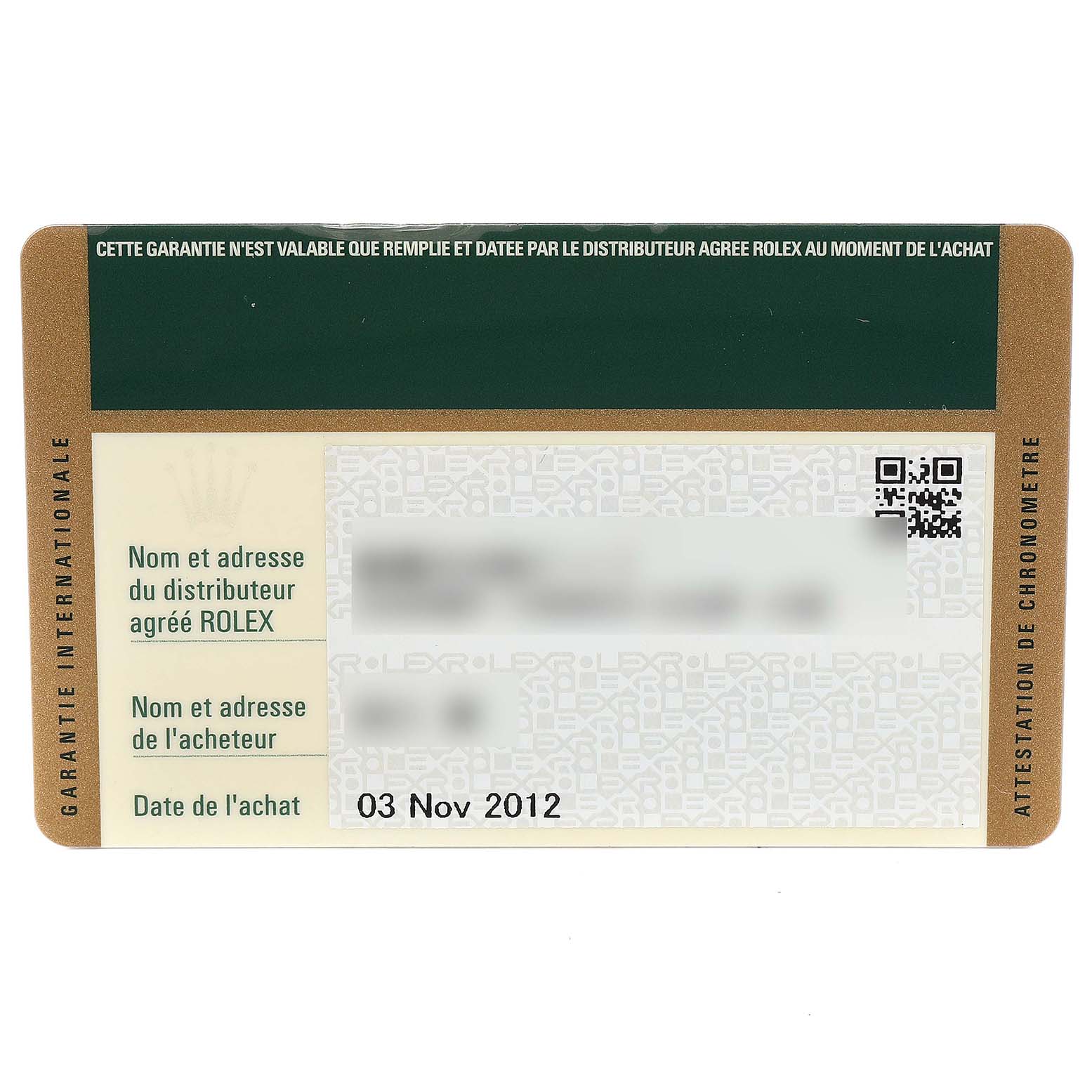 The image shows a warranty card for a Rolex Submariner 116610 Men's Stainless Steel Black Dial 116610 Men's Stainless Steel Black Dial, detailing purchase date and distributor information.