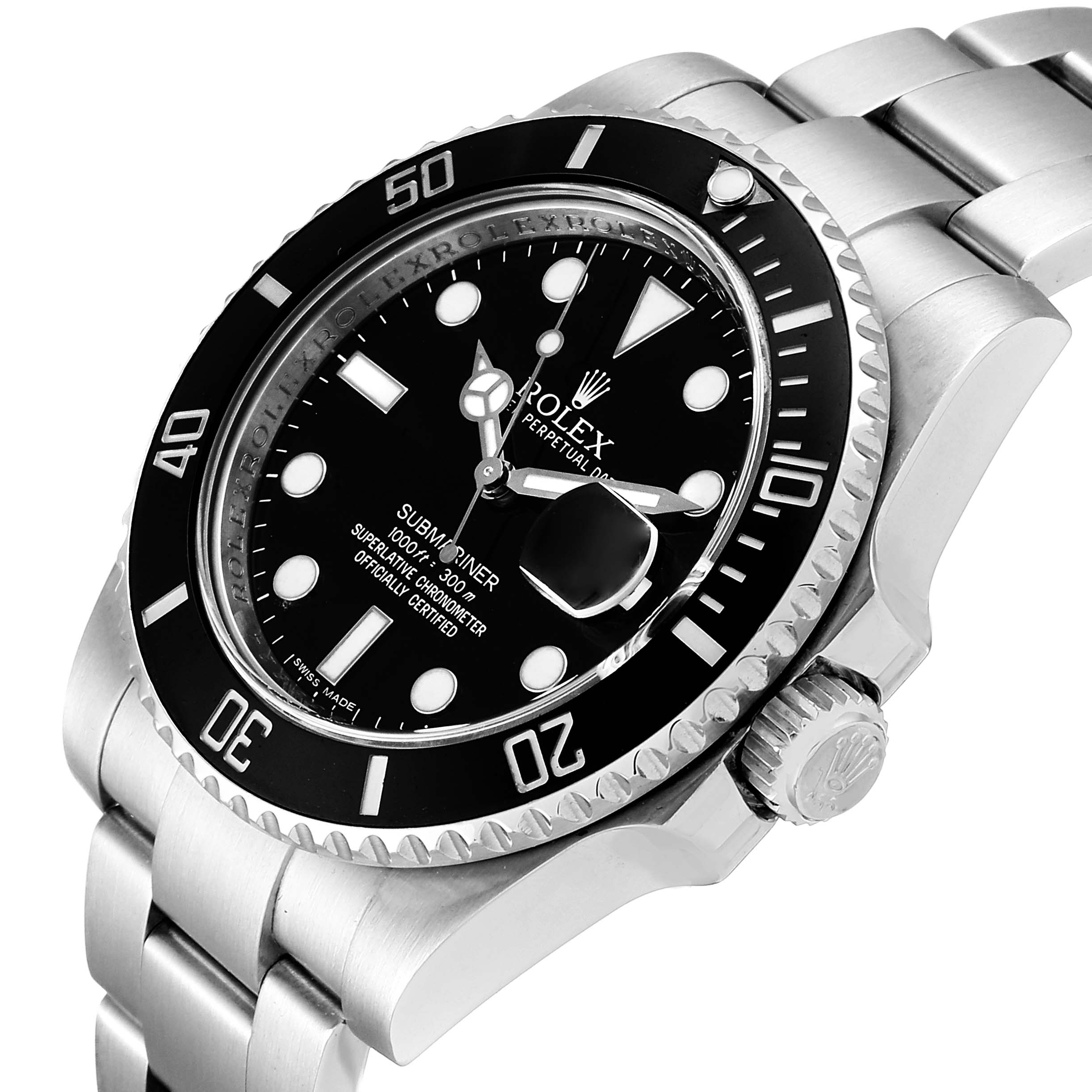 This image shows a Rolex Submariner 116610 Men's Stainless Steel Black Dial 116610 Men's Stainless Steel Black Dial watch at an angle, focusing on the dial, bezel, crown, and part of the bracelet.