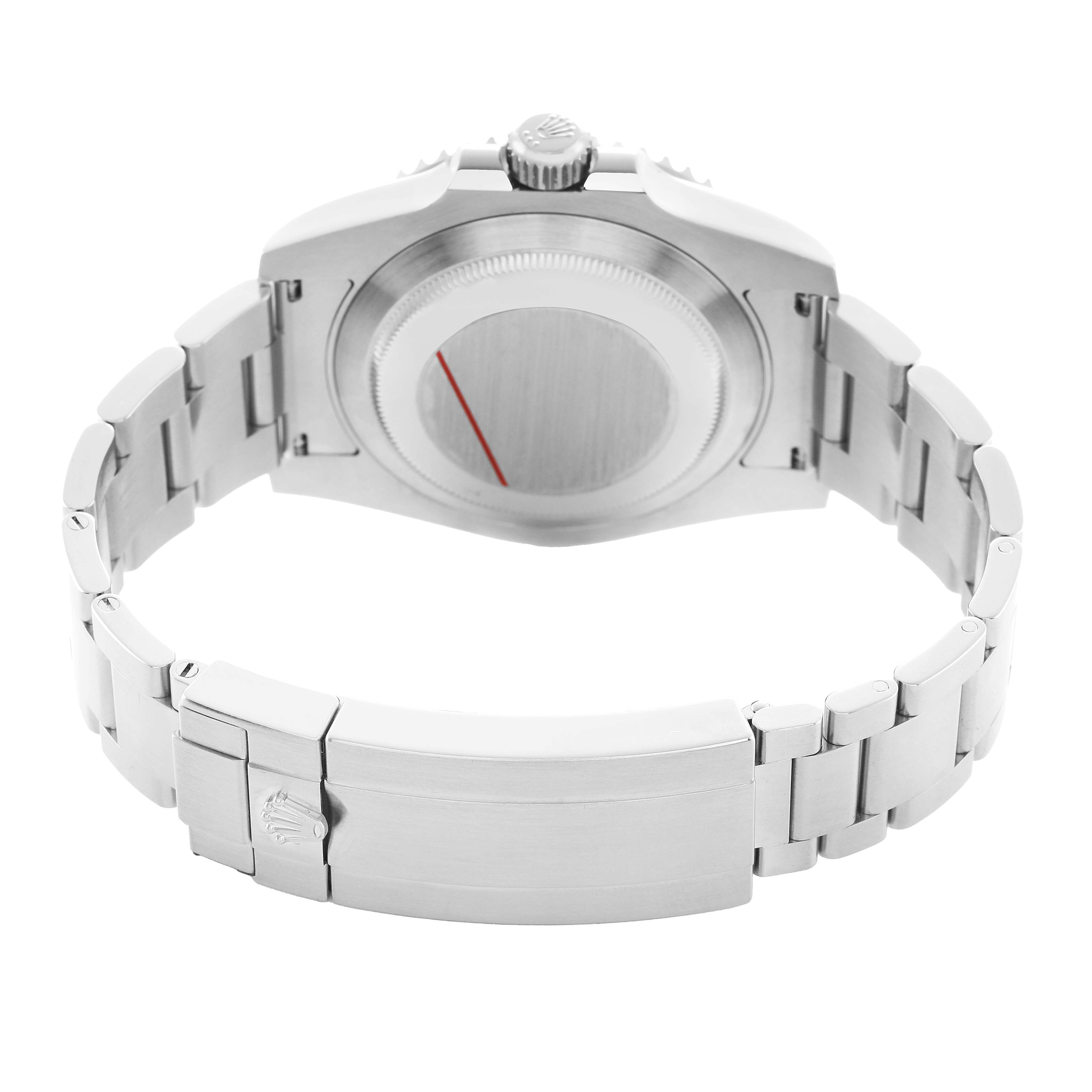 The image shows the back case and bracelet of a Rolex Submariner 114060 Men's Stainless Steel Black Dial, viewed from the underside.