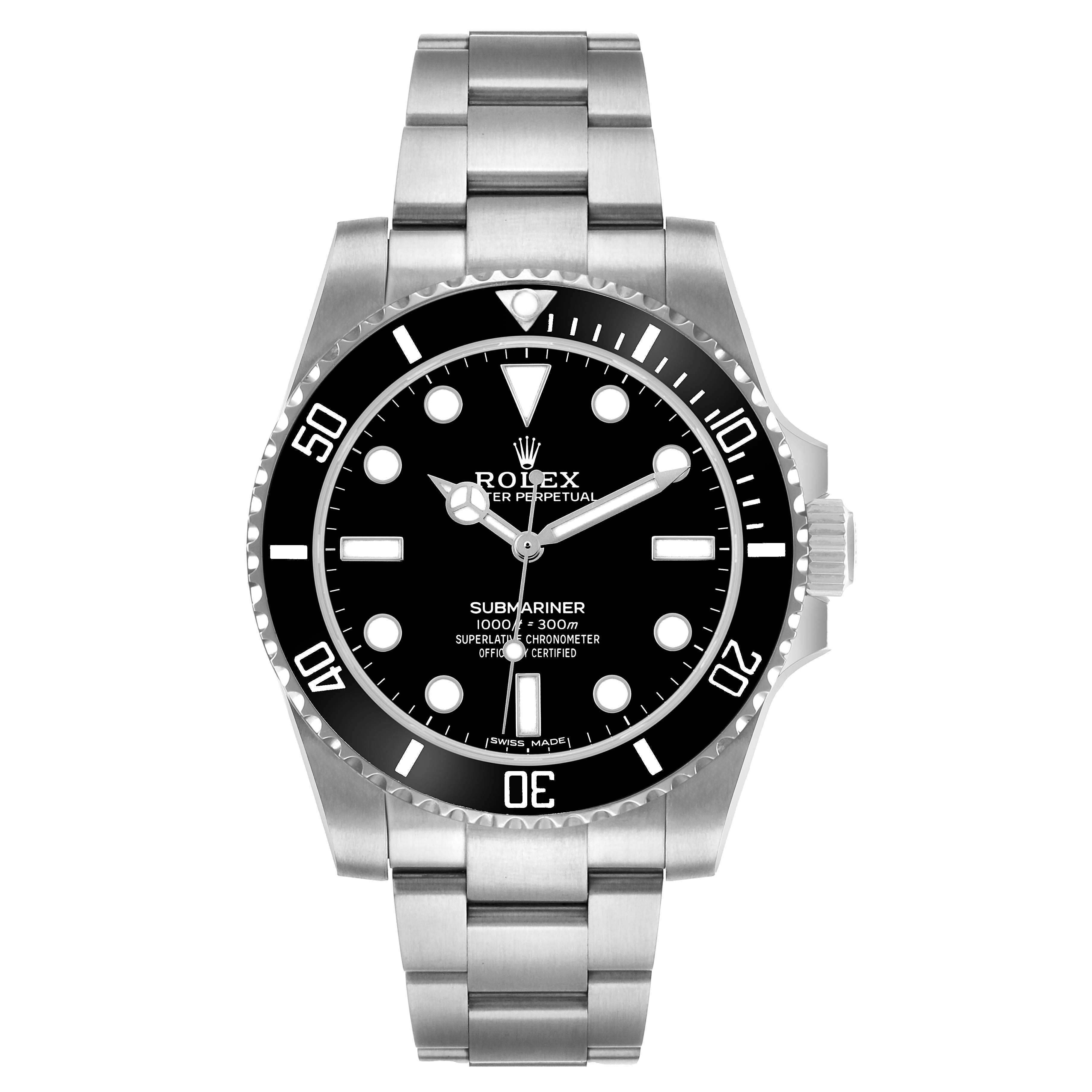 The Rolex Submariner 114060 Men's Stainless Steel Black Dial is shown from the front, displaying its bezel, dial, hands, markers, and bracelet.