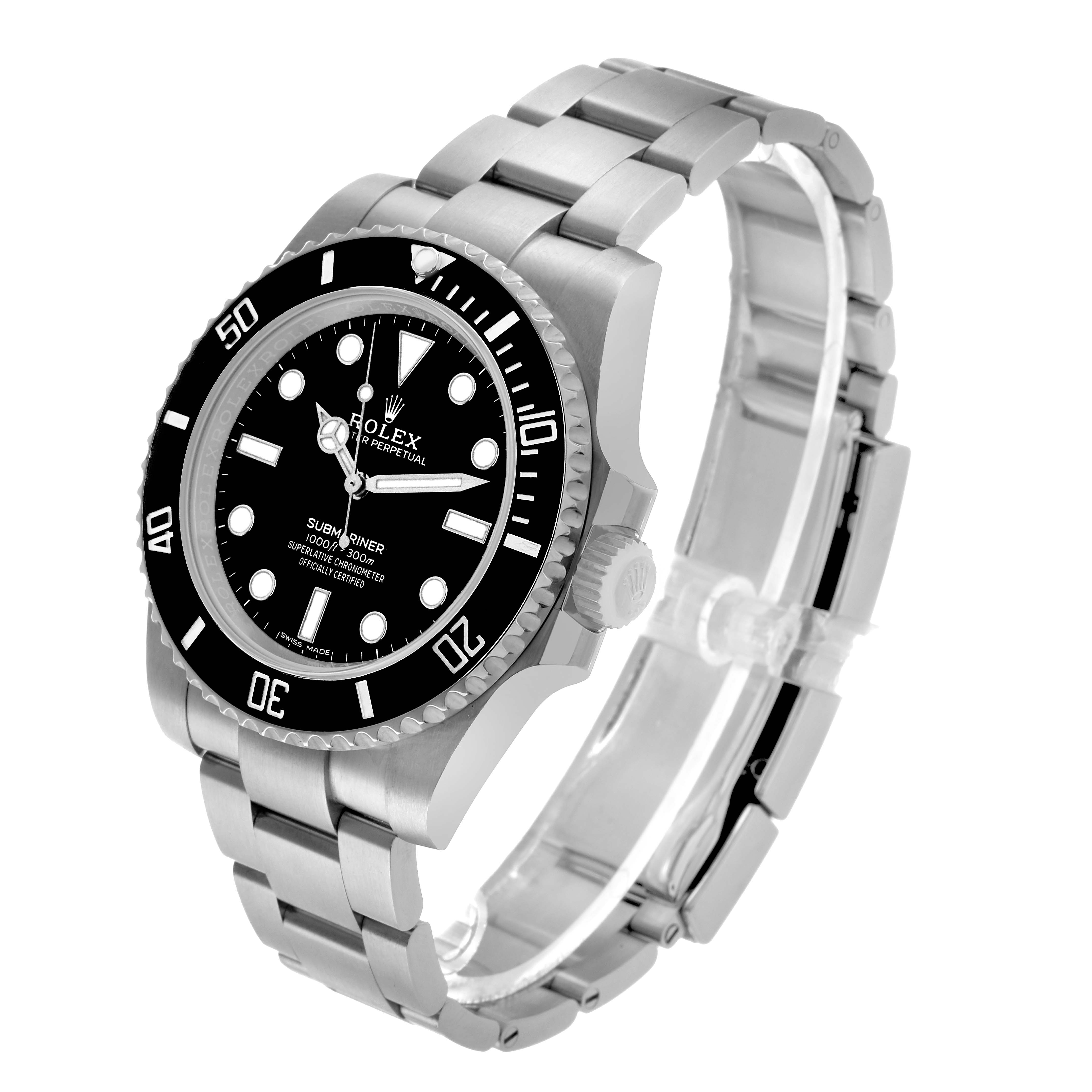 The Rolex Submariner 114060 Men's Stainless Steel Black Dial watch is shown from a three-quarter angle, displaying the dial, bezel, case, crown, and bracelet.