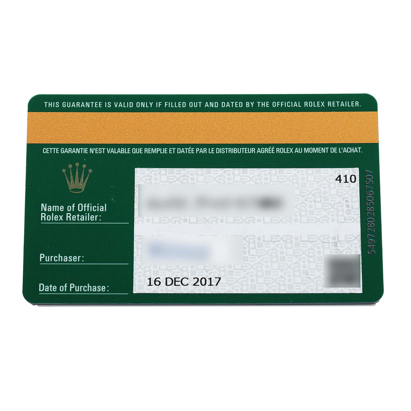 The image shows a warranty card for a Rolex Submariner 114060 Men's Stainless Steel Black Dial, displaying retailer and purchase details.