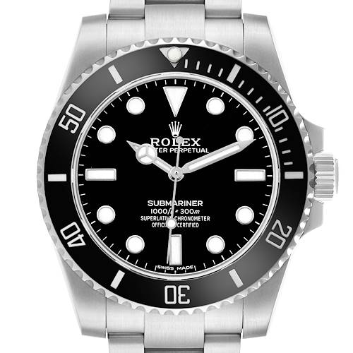The Rolex Submariner 114060 Men's Stainless Steel Black Dial watch is shown from a front angle, highlighting the bezel, dial, and part of the bracelet.