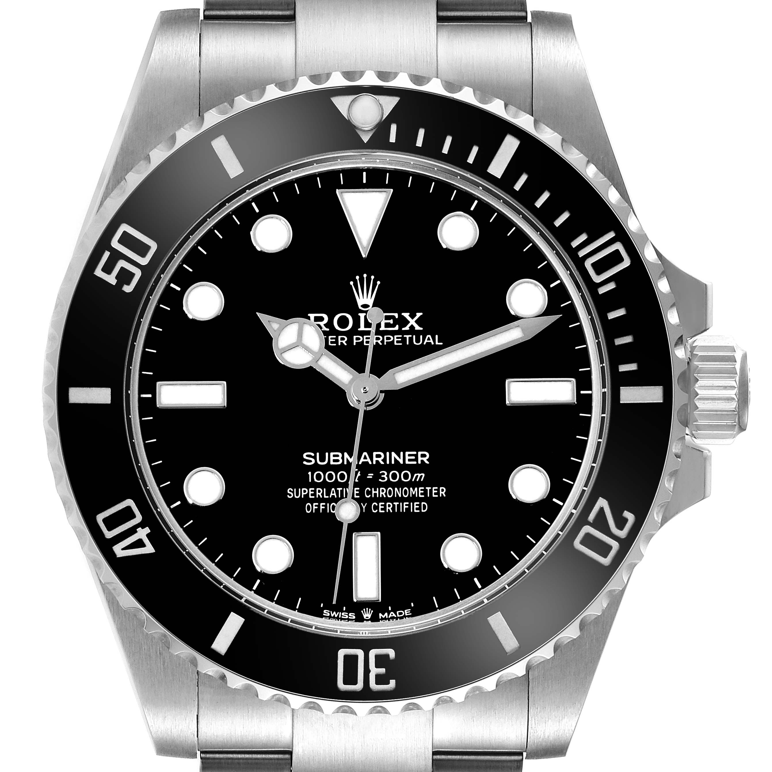 This image shows a front-facing view of the Rolex Submariner 124060 Men
s Stainless Steel Black Dial 124060 Men
s Stainless Steel Black Dial, highlighting the dial, bezel, and crown.