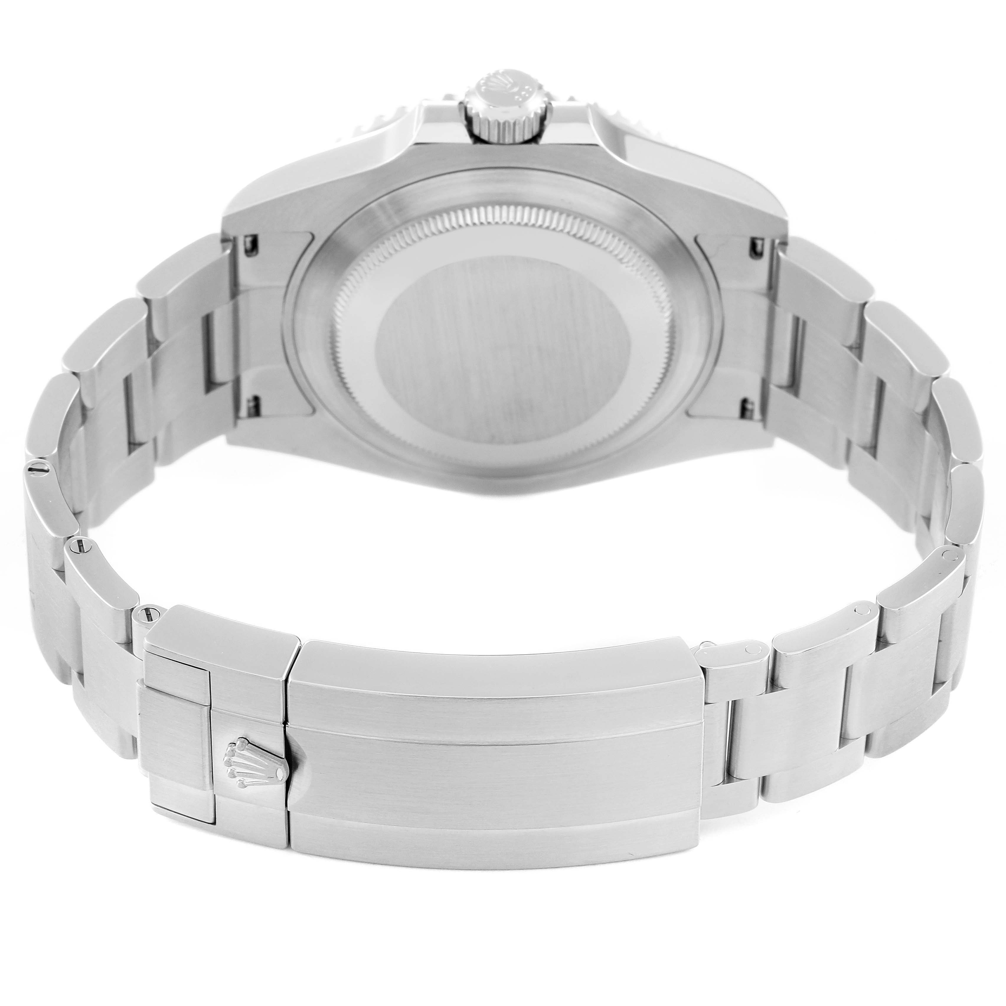 This image shows the back view of a Rolex Submariner 124060 Men
s Stainless Steel Black Dial 124060 Men
s Stainless Steel Black Dial watch, highlighting its clasp and bracelet.