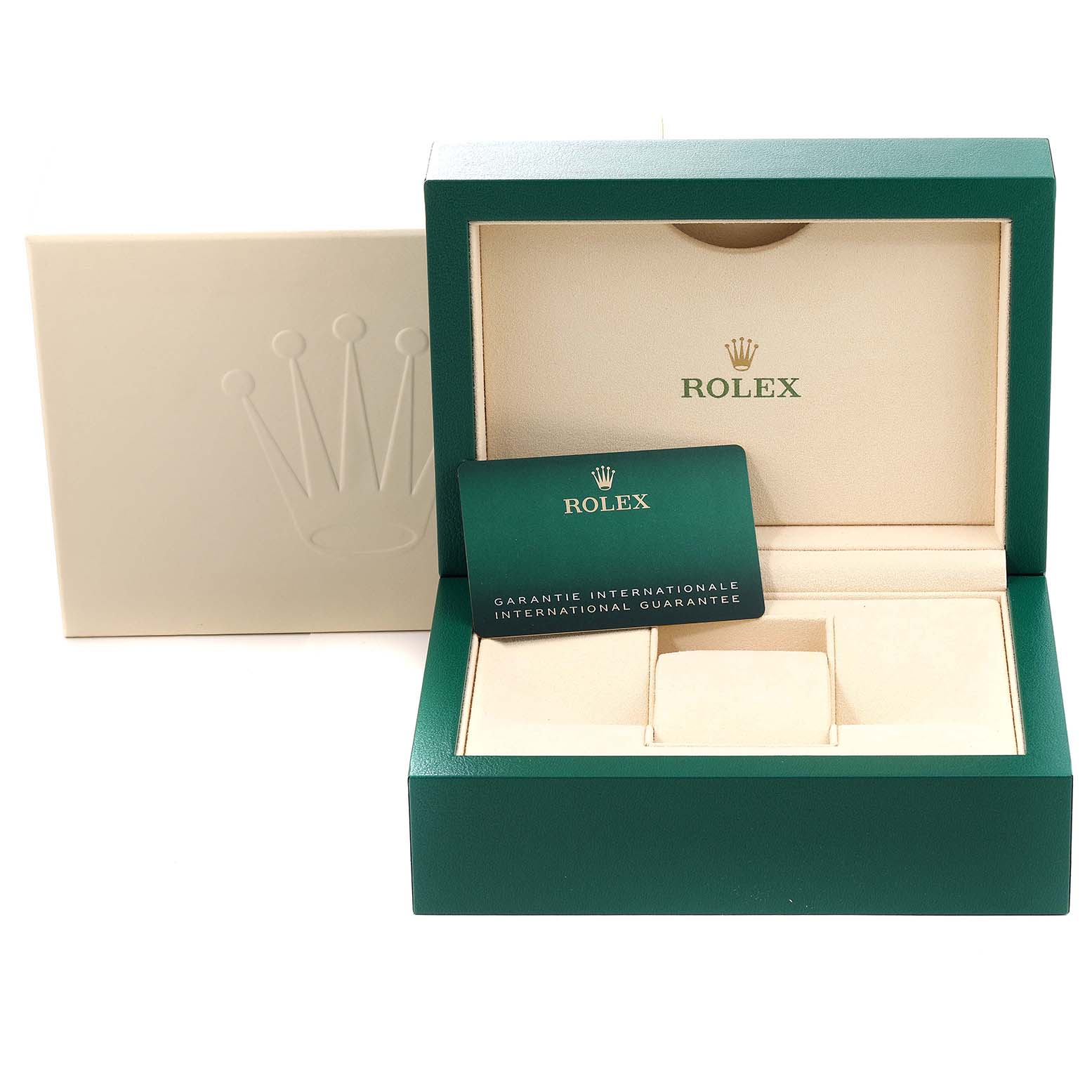 The image shows the open packaging and warranty card for a Rolex Submariner 124060 Men
s Stainless Steel Black Dial 124060 Men
s Stainless Steel Black Dial watch.