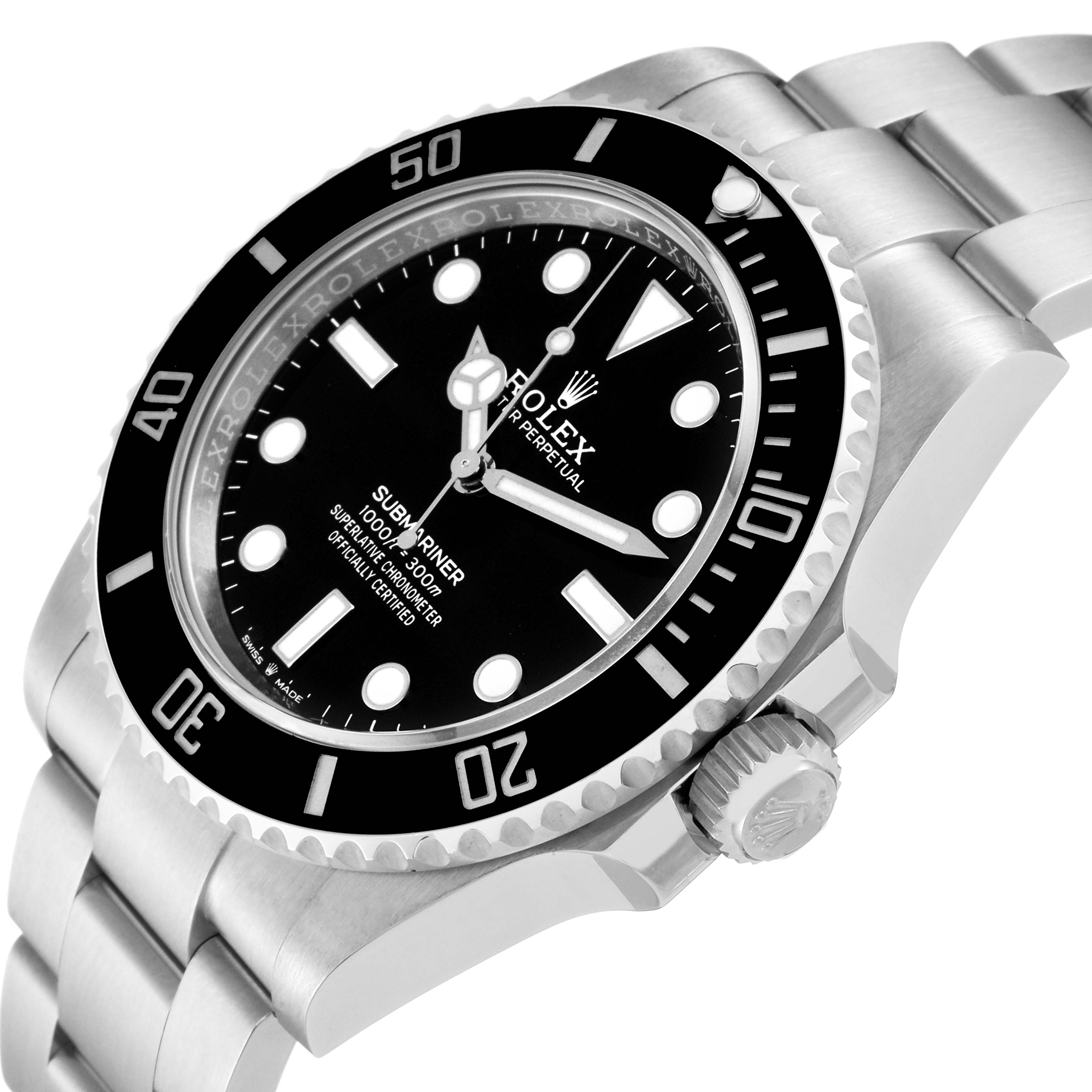 The image shows a close-up angle of the Rolex Submariner 124060 Men
s Stainless Steel Black Dial 124060 Men
s Stainless Steel Black Dial, focusing on the dial, bezel, and bracelet side.