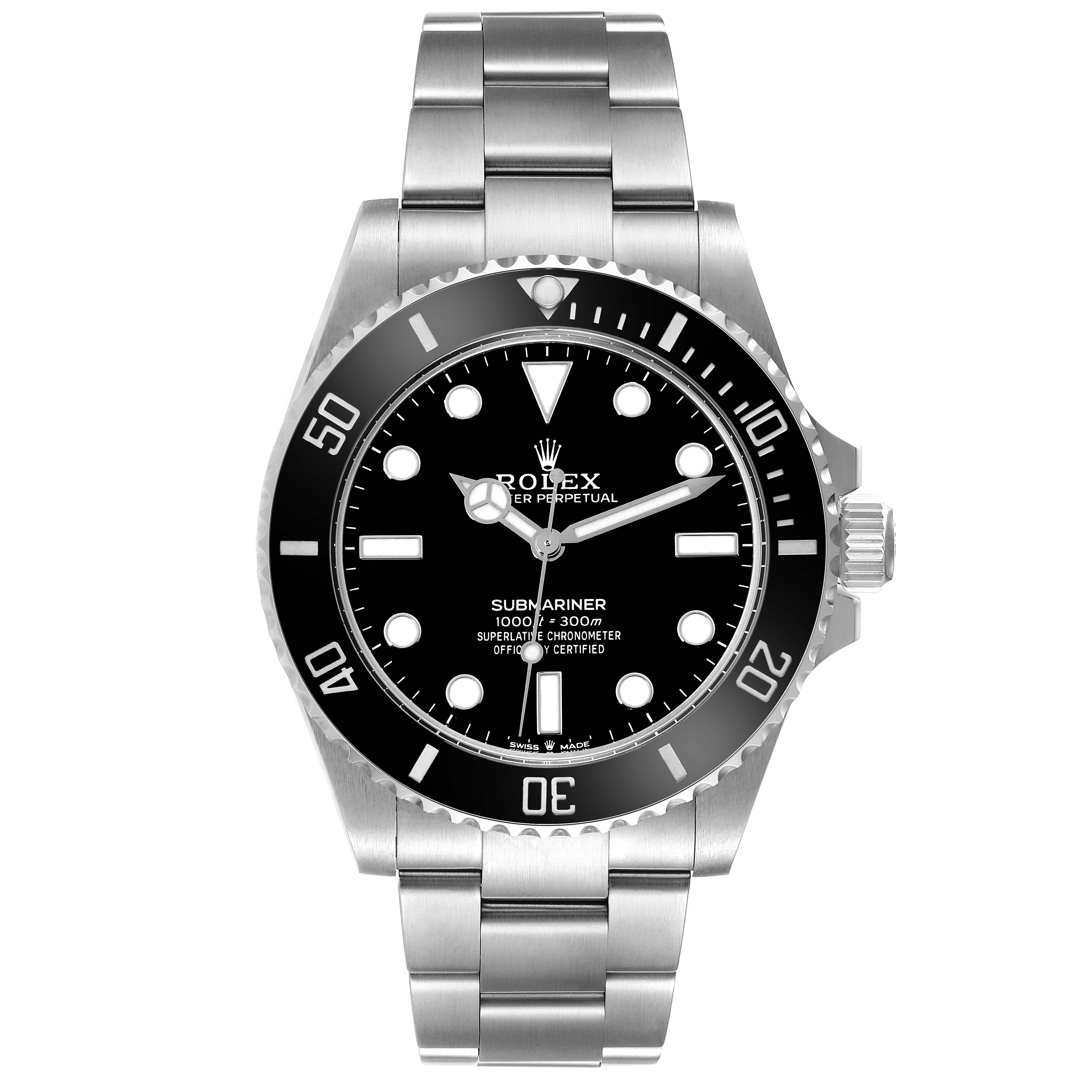 This image shows a front view of the Rolex Submariner 124060 Men
s Stainless Steel Black Dial 124060 Men
s Stainless Steel Black Dial watch, focusing on the dial, bezel, crown, and stainless steel bracelet.