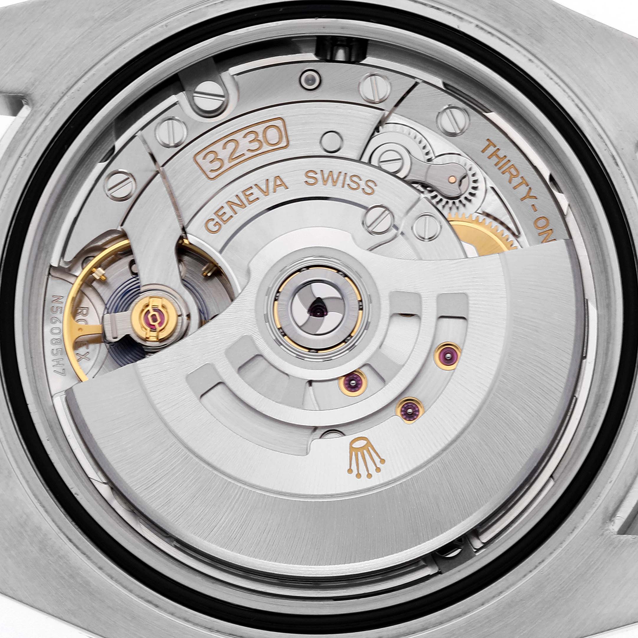 The image shows a close-up view of the movement mechanism in a Rolex Submariner 124060 Men
s Stainless Steel Black Dial 124060 Men
s Stainless Steel Black Dial watch.